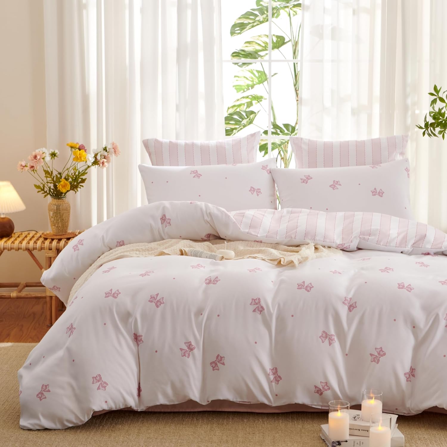 Pink Bow Duvet Cover Twin Size Reversible White Pink Bows Striped Bedding Set Kids Girls Cute Comforter Cover Set Soft Breathable Microfiber Quilt Cover with Zipper Closure and 1 Pillowcase - Image 2