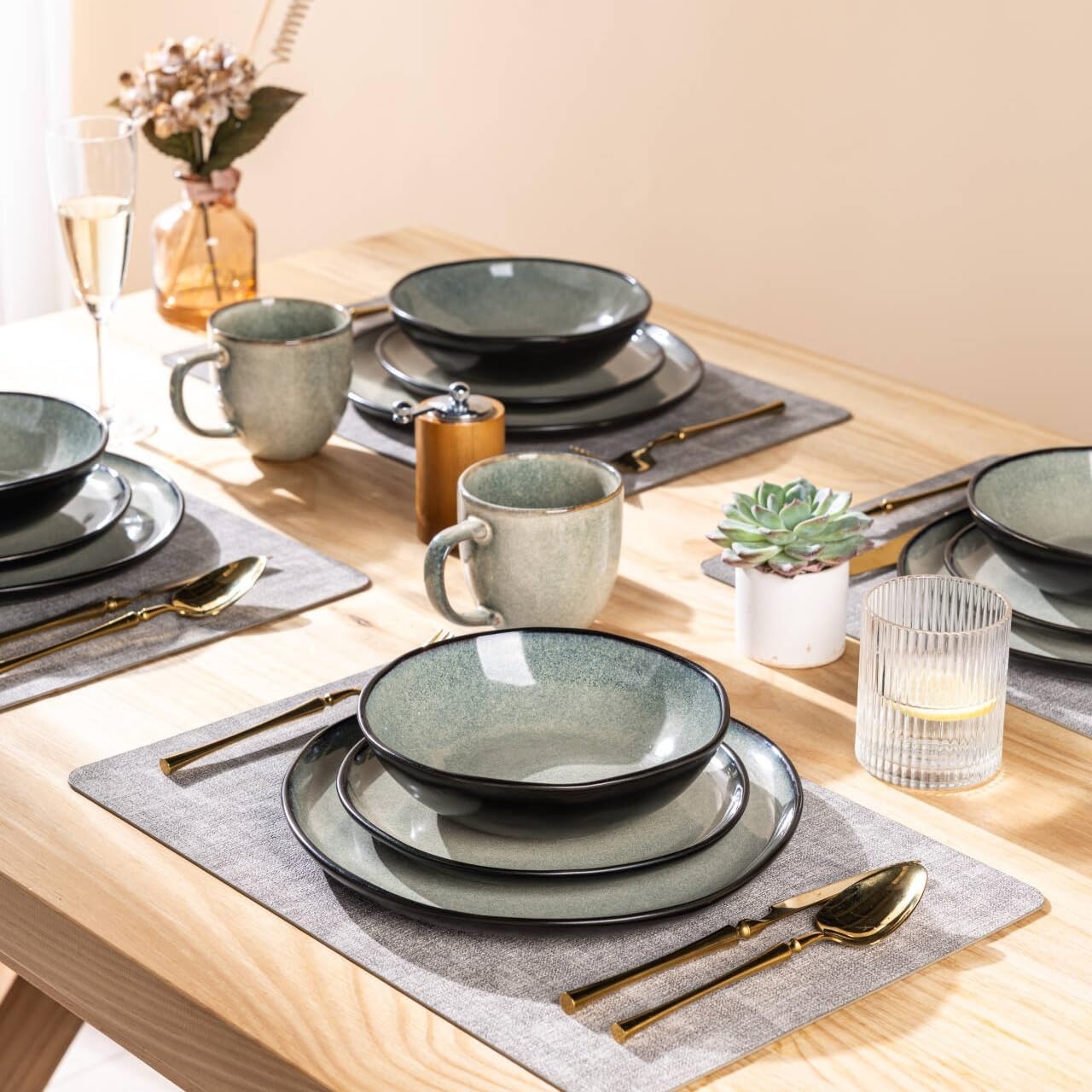 AmorArc Ceramic Dinnerware Sets,Handmade Reactive Glaze Stoneware Plates and Bowls Sets,Highly Scratch Resistant | Dishwasher & Microwave Safe Dishes Set,Service for 4 (12pc)