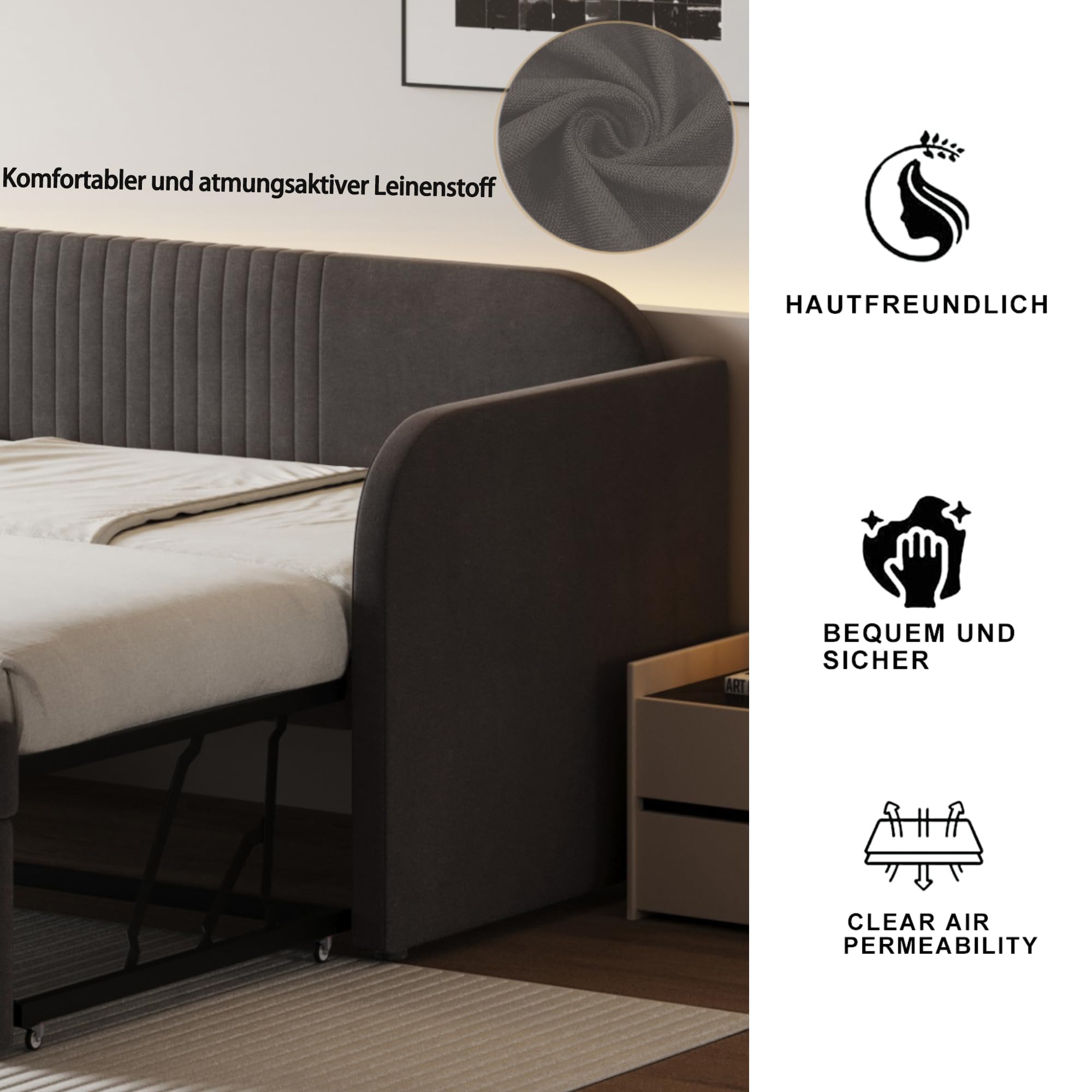 Letto estraibile 90/180 x 200 cm con testiera, letto imbottito