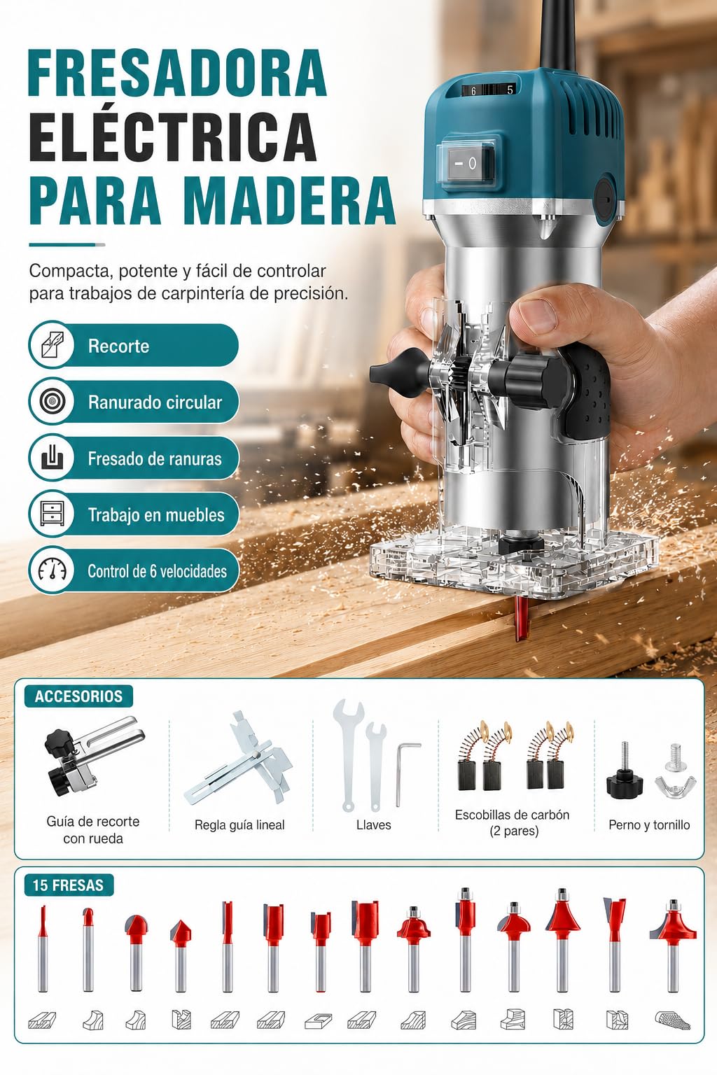 VOBOR Fresadora de Madera Rebajadora Eléctrica, 800W 30000 RPM Fresadora de Mano con 6 Velocidades Variables, 15 piezas 1/4'' Alicates, Pinza De Base Fija De 6/6.35MM