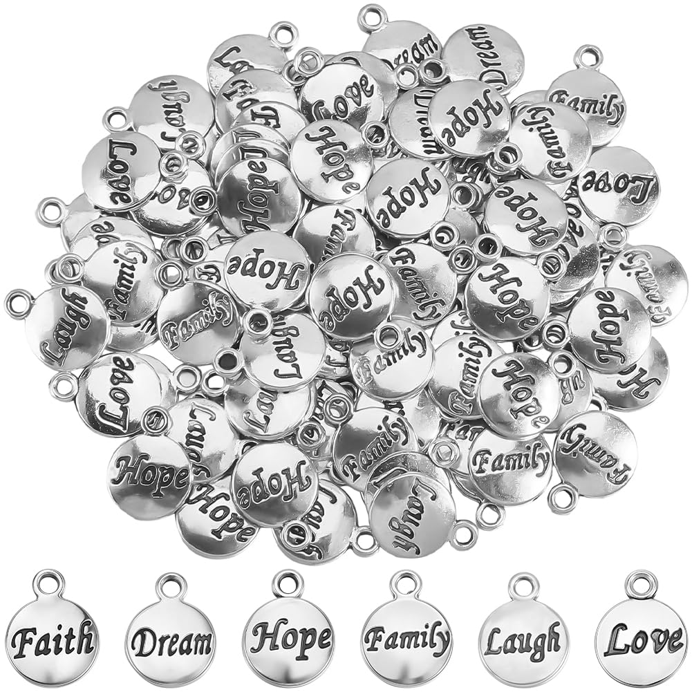 SUNNYCLUE 1 Box 120Pcs 6 Styles Inspirational Words Charms Motivational Silver Charms Bulk Round Message Vintage Alloy Saying Inspiration Pendants for Jewellery Making DIY Necklace Bracelet Earring