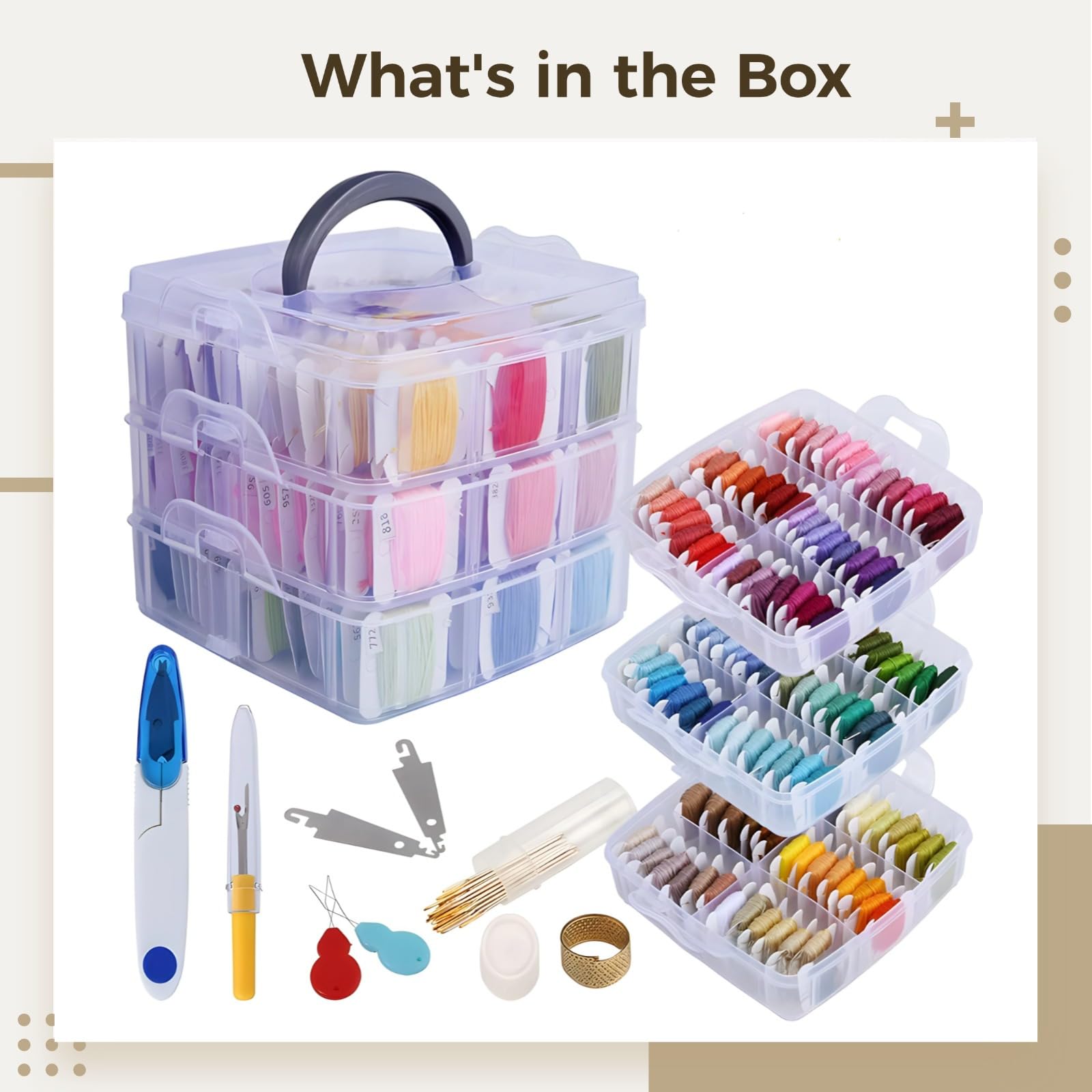 Kit completo de bordado con 150 hilos, herramientas de costura, caja de almacenamiento, agujas, dedal, tijeras y removedor de hilos