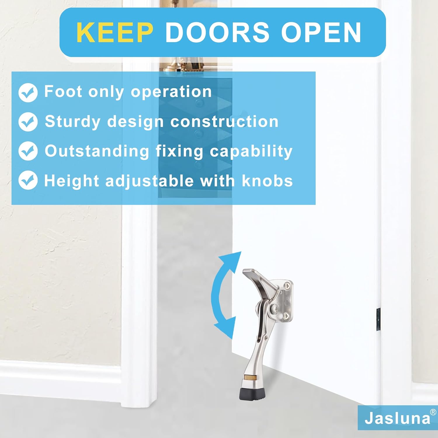 Kickdown Door Stopper, Heavy Duty One Touch Door Stop for Bottom of Door, Easy Height Adjustable with Anti-Slip Rubber Tip, Metal Door Holder (4 Inch,Satin Nickel, 4-Pack)