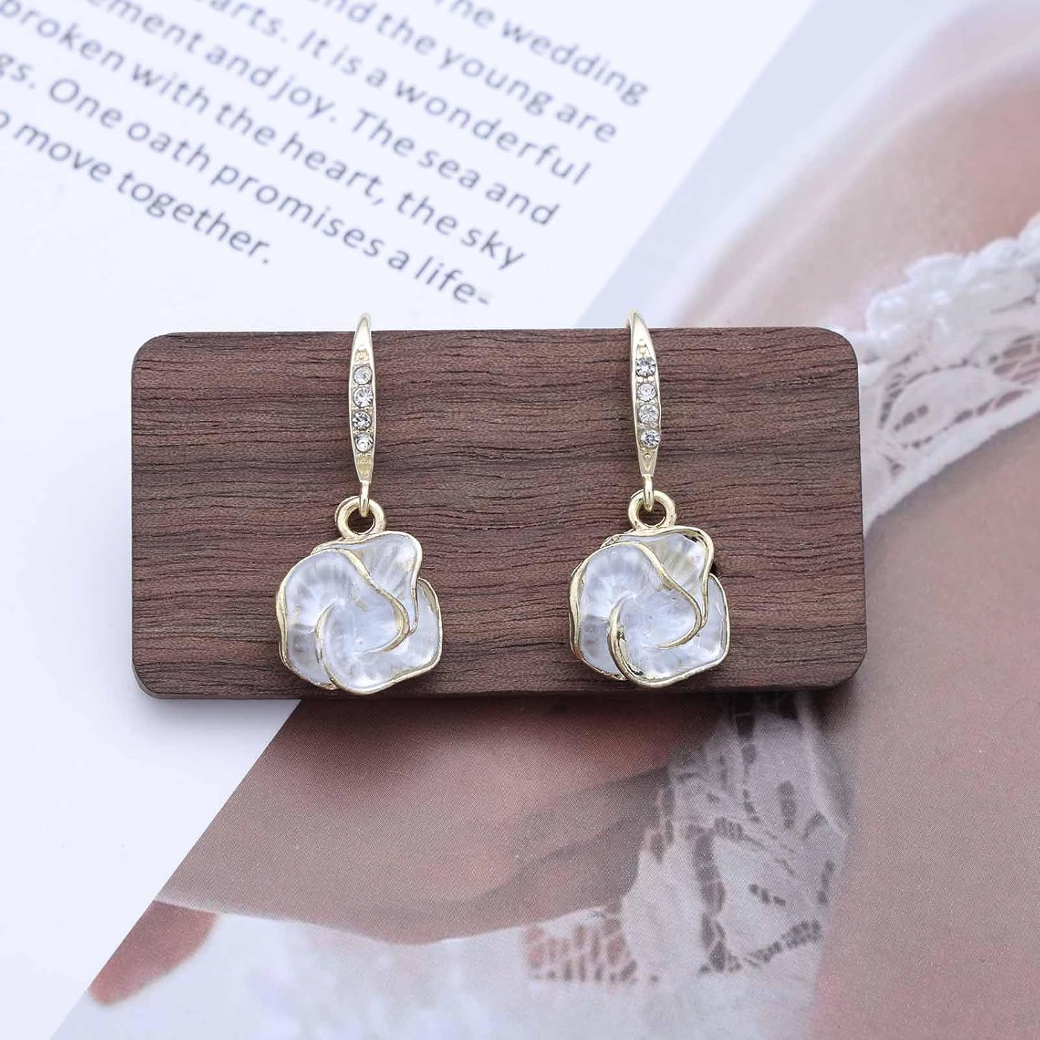 Vintage Crystal Flower Drop Earrings Rhinestone Flower Hook Dangle Earrings Gold Cz Flower Stud Earrings White Camellia Dangle Earrings for Women - Image 4