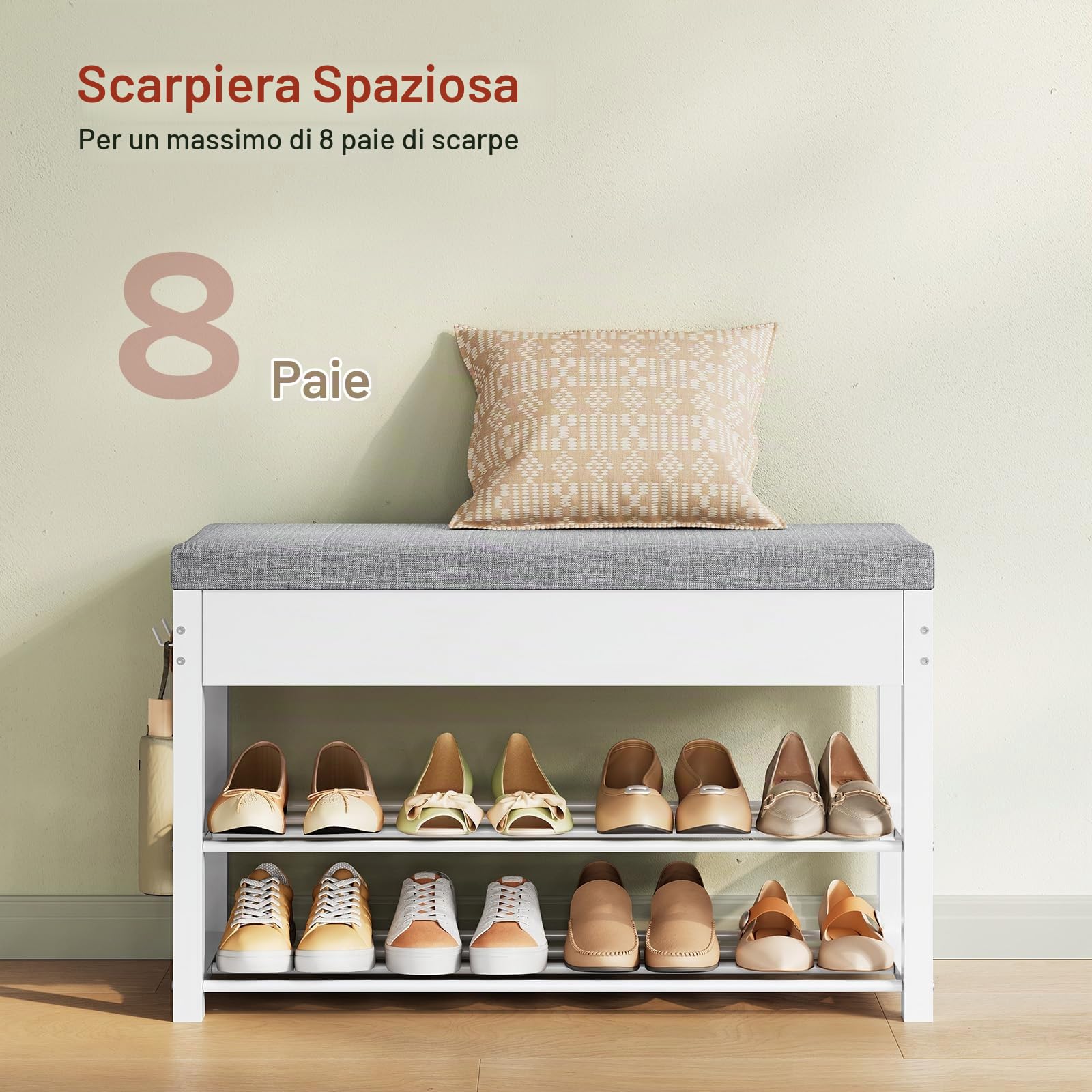 WOLTU Panca Scarpiera con Scomparto Nascosto, 2 Ripiani e 2 Ganci, Portascarpe con Seduta Imbottita, Struttura in Metallo, per Ingresso e Camera da Letto, 80x30x50 cm, Bianco+Grigio Chiaro