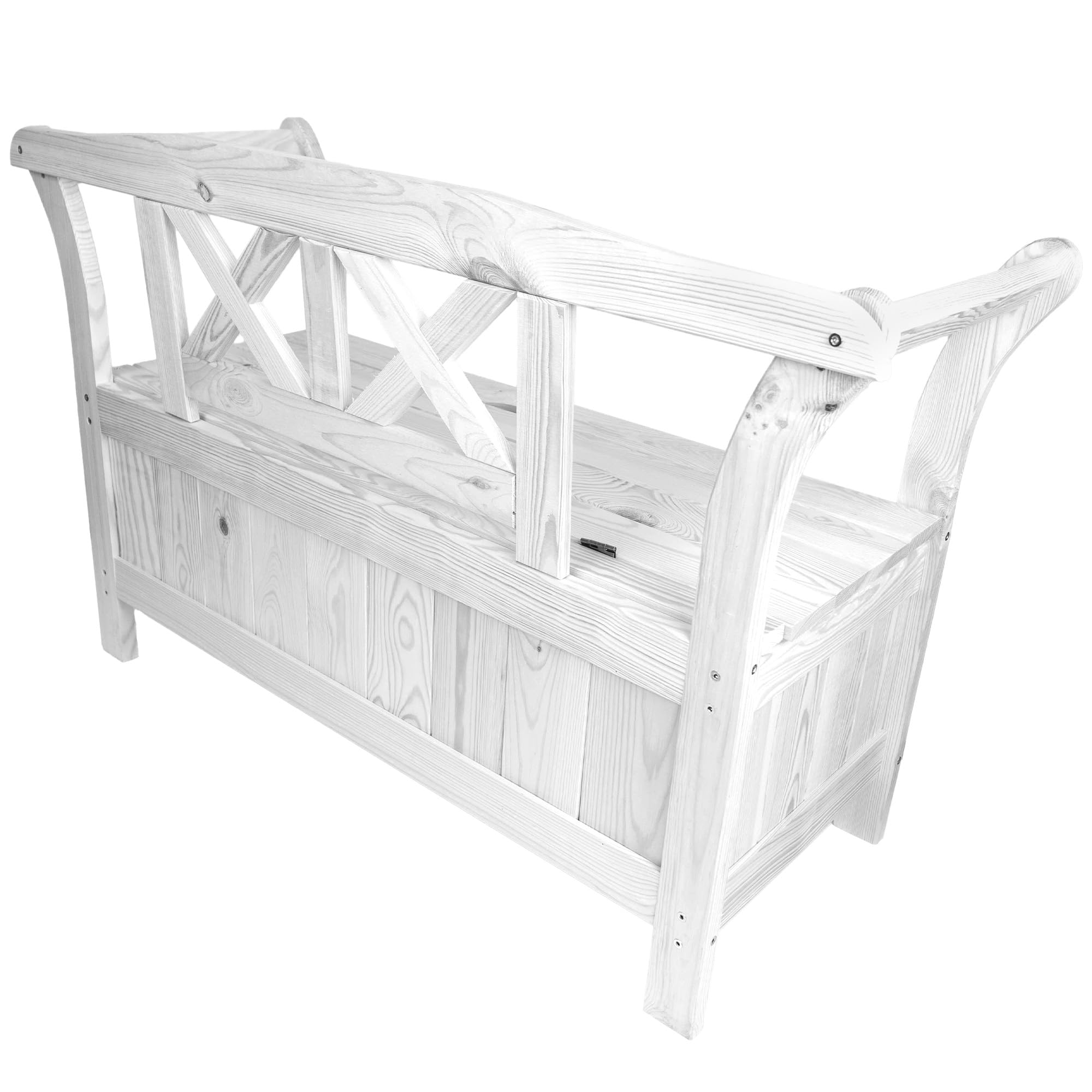 KADAX Gartenbank, 119x45x73 cm Banktruhe aus Einer Holzfaserplatte, Sitzbank mit Stauraum und Rücklehne, Holzbank für Garten, Balkon (119 cm/Weiß)