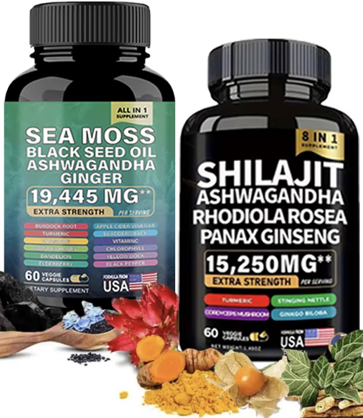 22-in-1 Sea Moss Herbal Supplement with Himalayan Shilajit, Ashwagandha, Rhodiola Rosea, Ginseng, 19445mg, Veggie Capsules (120 Capsules, Sea Moss + Shilajit)