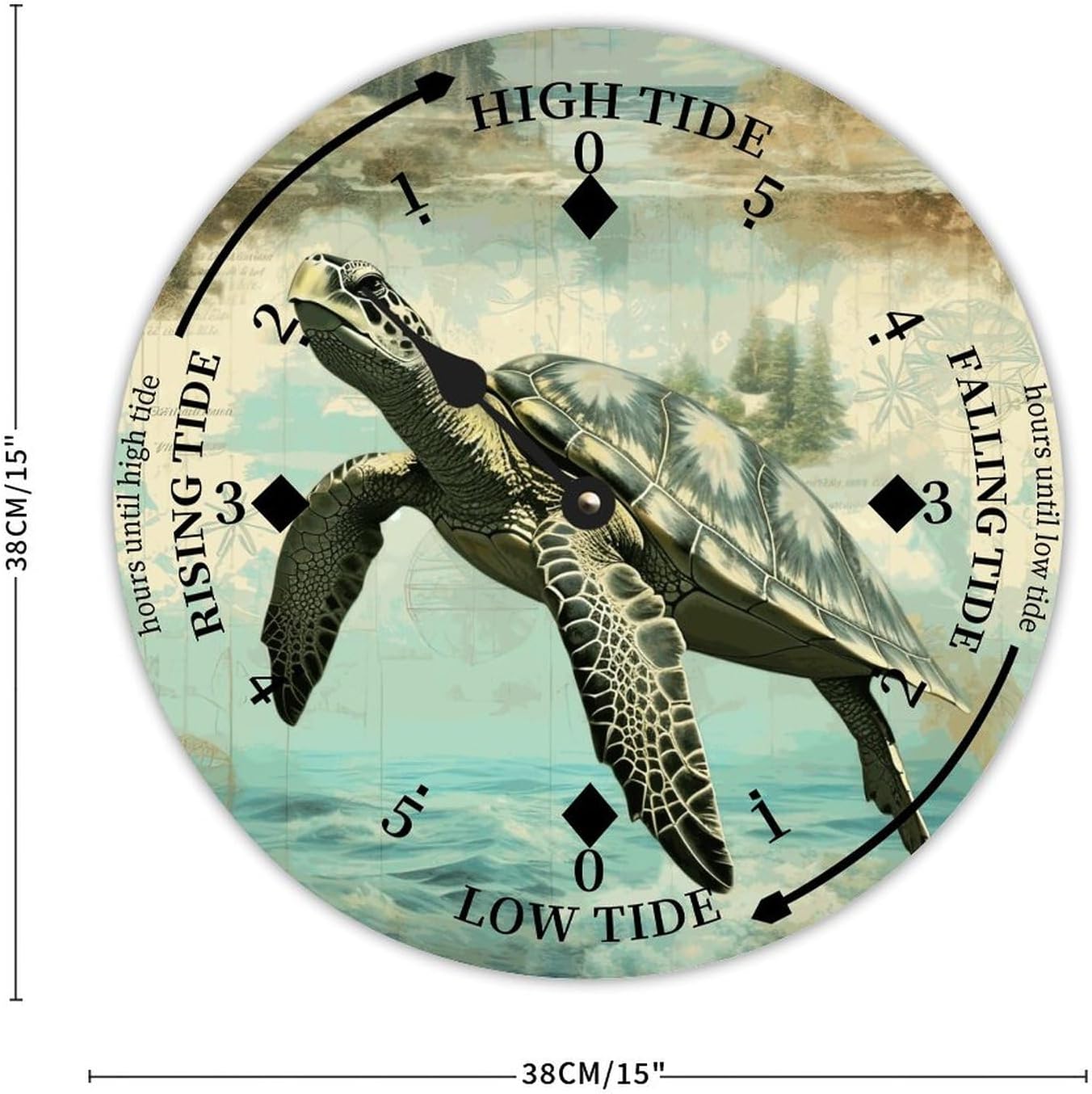 Sea Turtle Wood Tidal Clock Ocean Time Maritime Coastal Beach High Tide Low Tide Clock Rustic Wooden Nautical Tide Movement Vintage Decor for Beach House Kitchen Wall Art 15x15 in