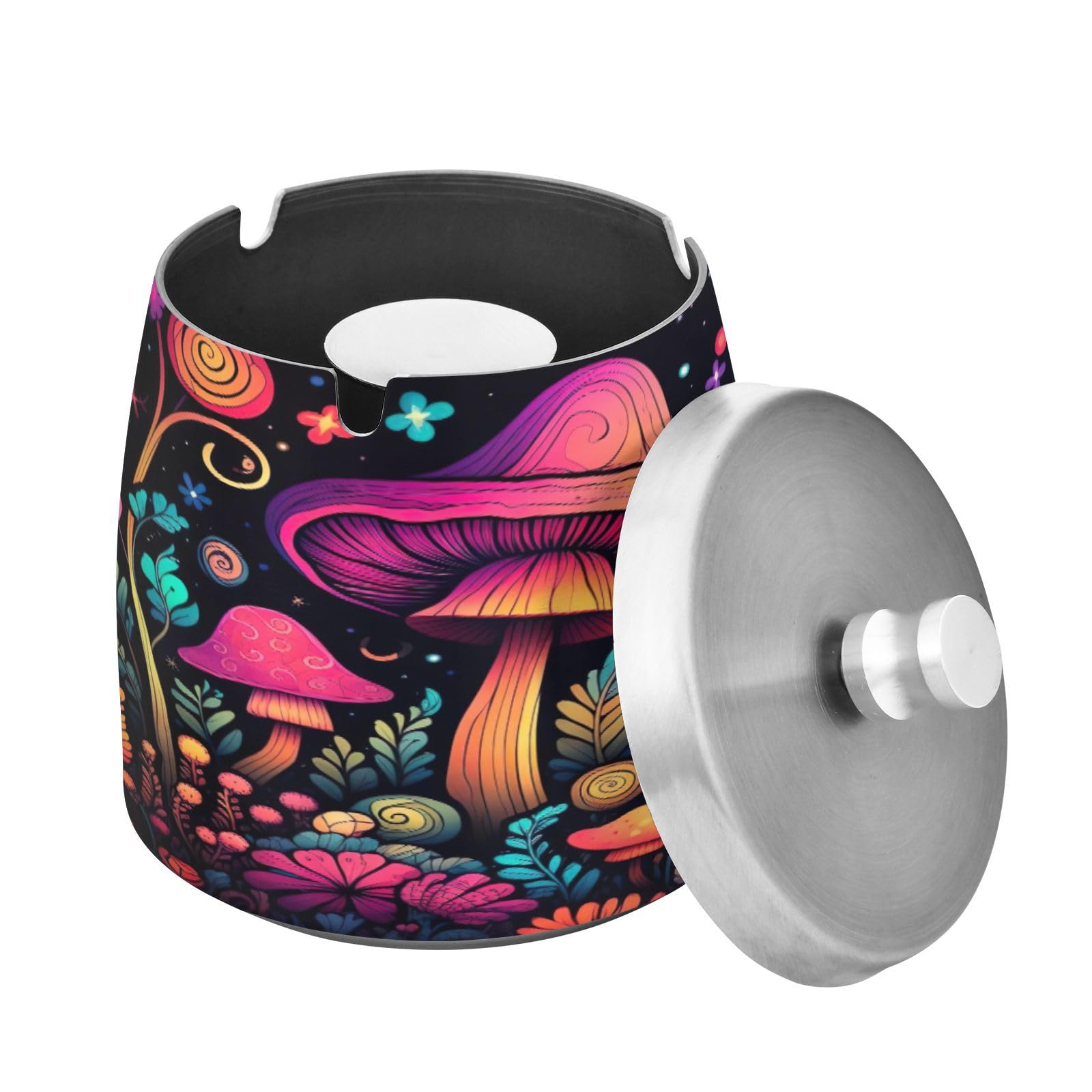 SKYSHU Mushroom Ashtray with Detachable Lid and Anti-Skid Pad, Scrath-Resistant Stainless Steel Cigarette Ashtray Smokeless Odorless Windproof Cigar Ash Tray for Smoker Indoor Outdoor Use