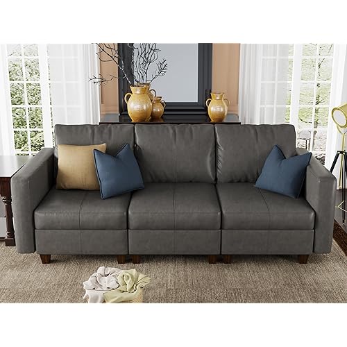 EASE MOOSE Convertible Modular Sofa Sectional Couch with Reversible Chaises, 3 Seat Faux Leather Sectional Sofa Couch with Storage for Living Room Home Office, Grey