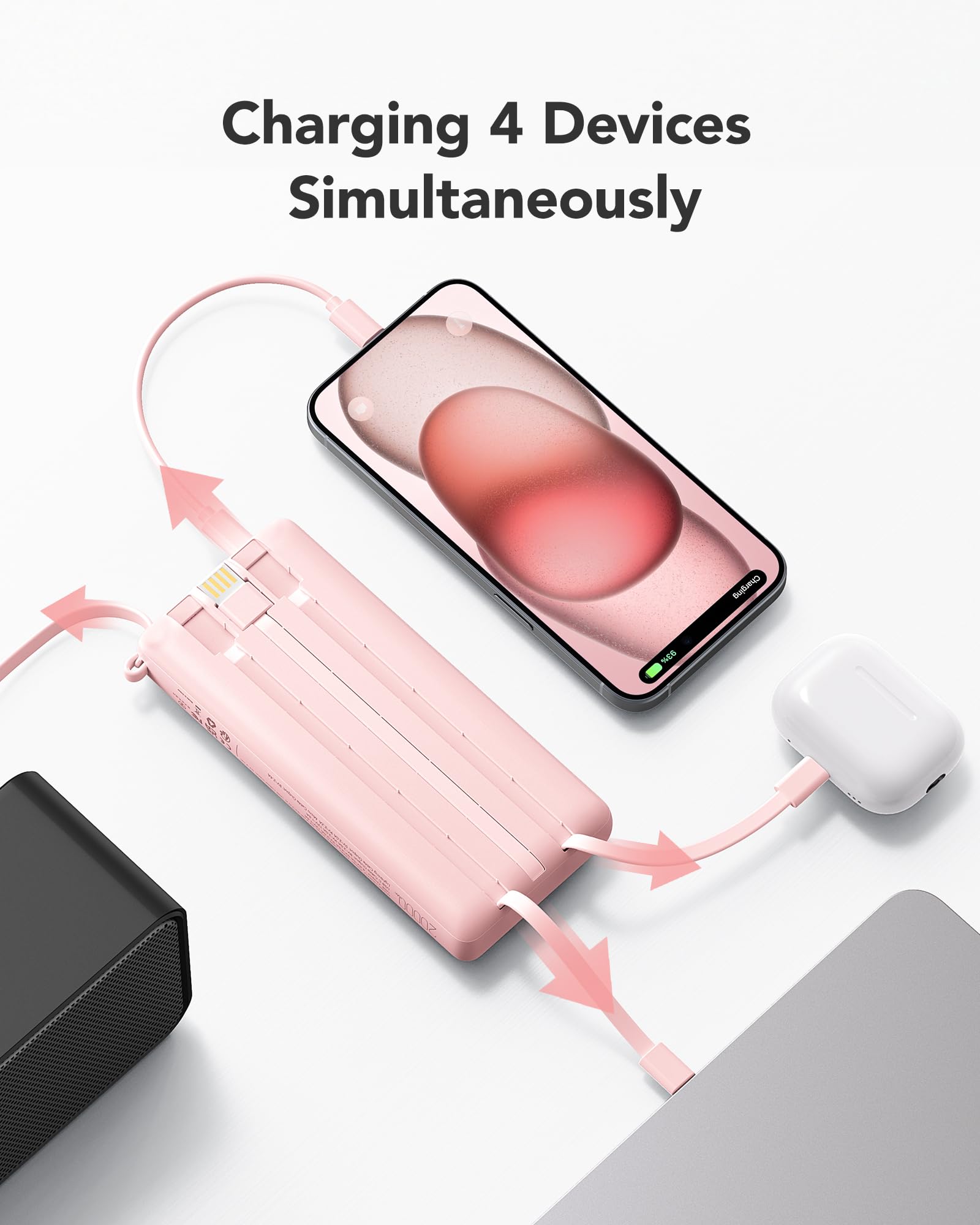 VRURC Power bank, Caricabatterie portatil da 20000mAh a ricarica rapida, tre cavi Micro e USB C integrati, 4 uscite e 2 ingressi Display LED Banco di ricarica per iPhone, Android ecc-Rosa