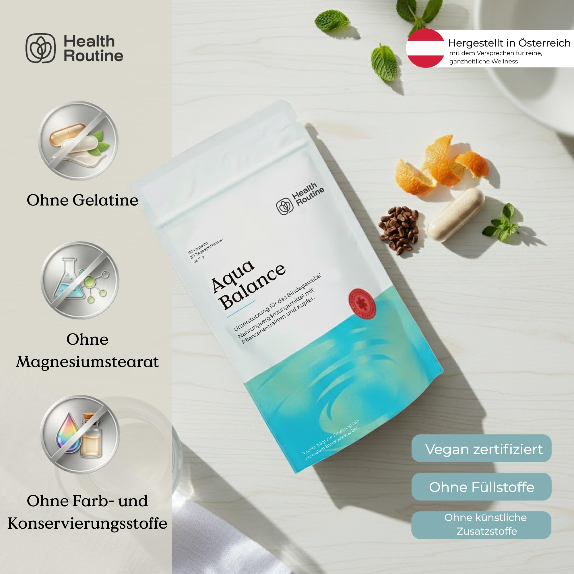 Health Routine Aqua Balance - 60 Kapseln 30 Portionen - Nahrungsergänzungsmittel mit OPC Traubenkernextrakt Hochdosiert, Diosmin, Kupfer und Brennnessel zur Unterstützung von Bindegewebe und Venen