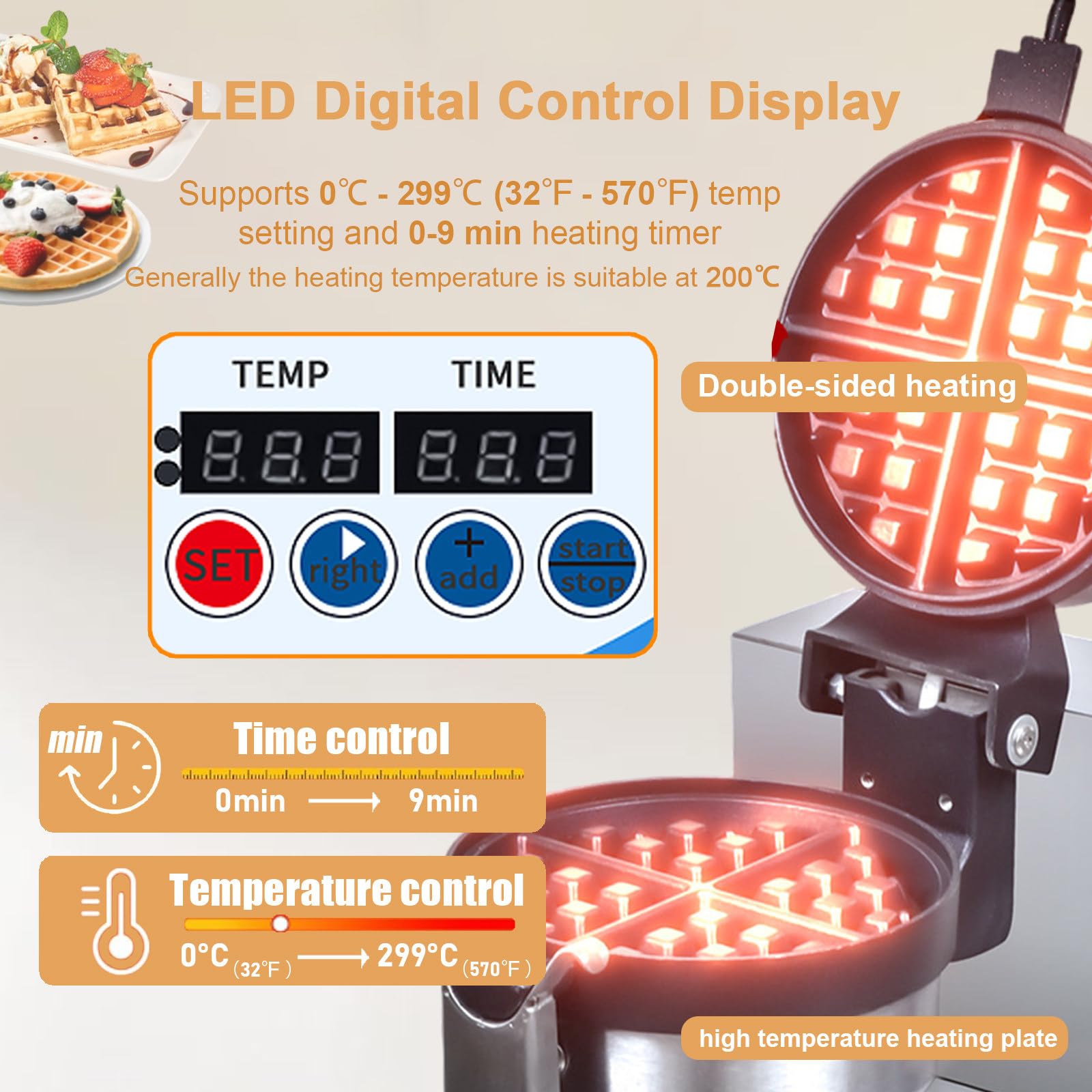 Gofrera De Calentamiento Por Ambos Lados De 1200 W, Temporizador Digital (0-299 °C), Gofrera Redonda, Antiadherente, Para Cafeterías, Pastelerías Y Repostería Casera, Con Kit De Repostería