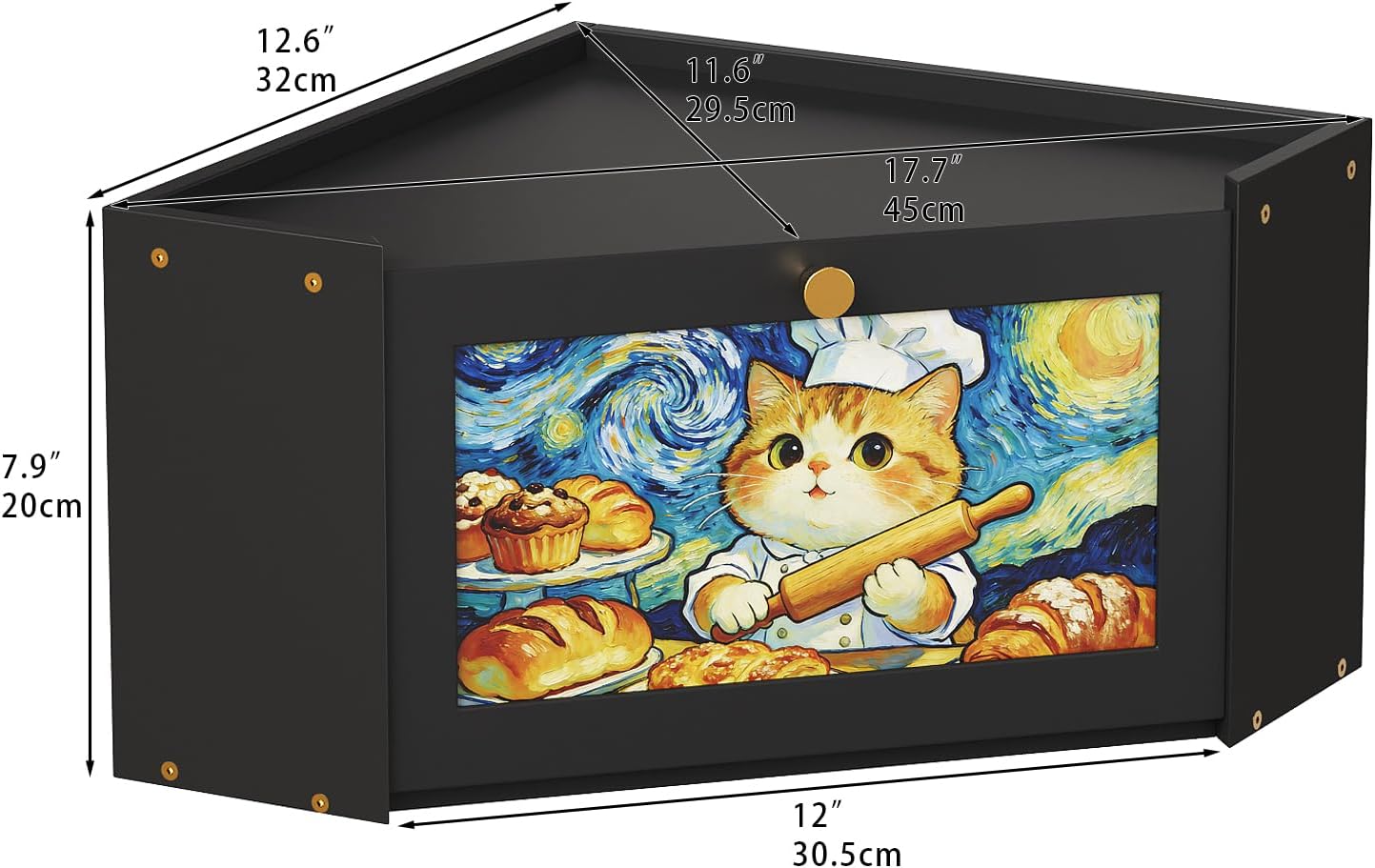 Trironsun Bread Box for Kitchen Counter Van Gogh Inspired Starry Night Cat Bread Storage Container with Acrylic Door Cute Baker Cat Design Unique Breadbox Organizer (Black, 1 Layer) image 3