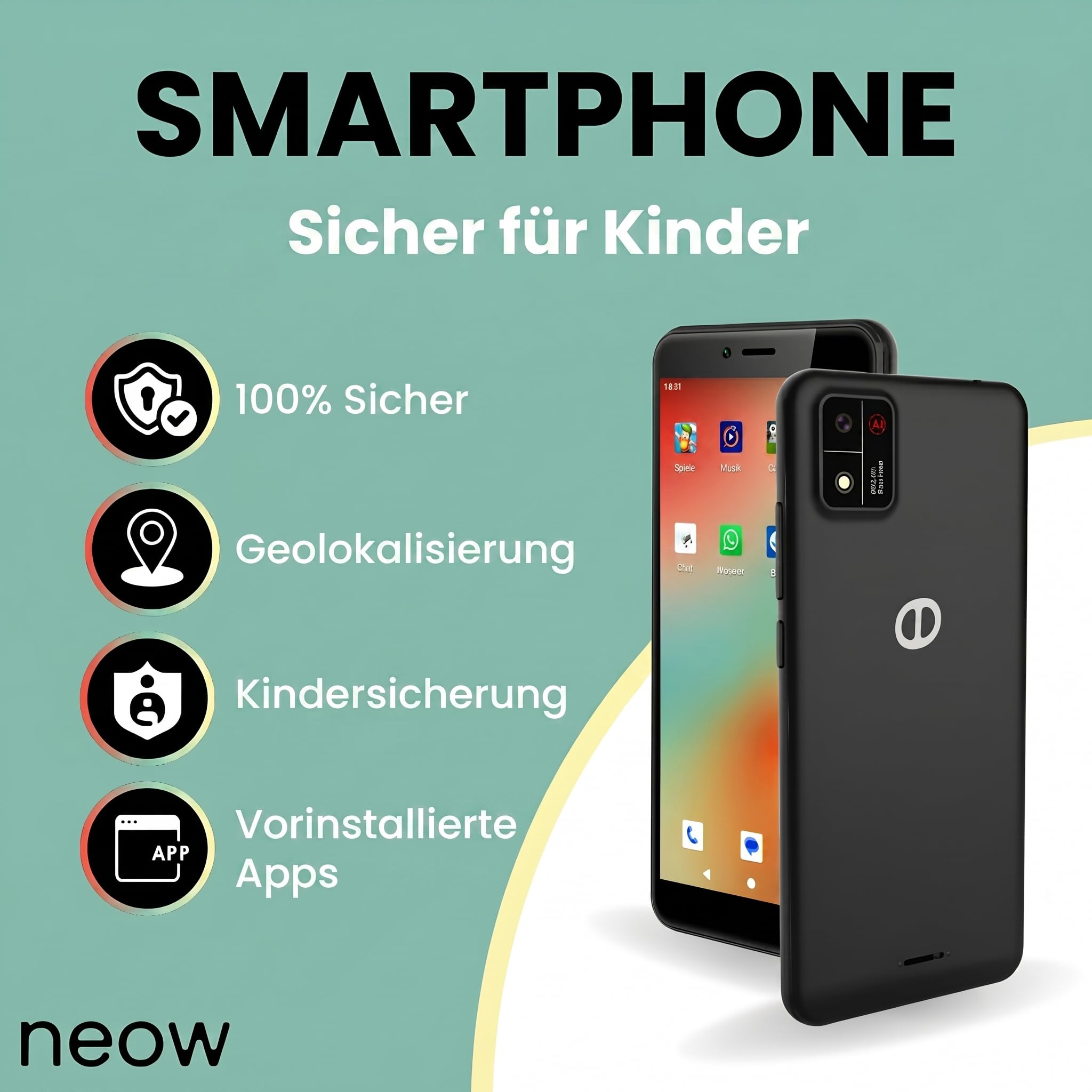 Neow Kids - Smartphone Android 14 | Smartphone pour Enfant | Applications ludiques préinstallées | Google Familly Link | Coque Offerte