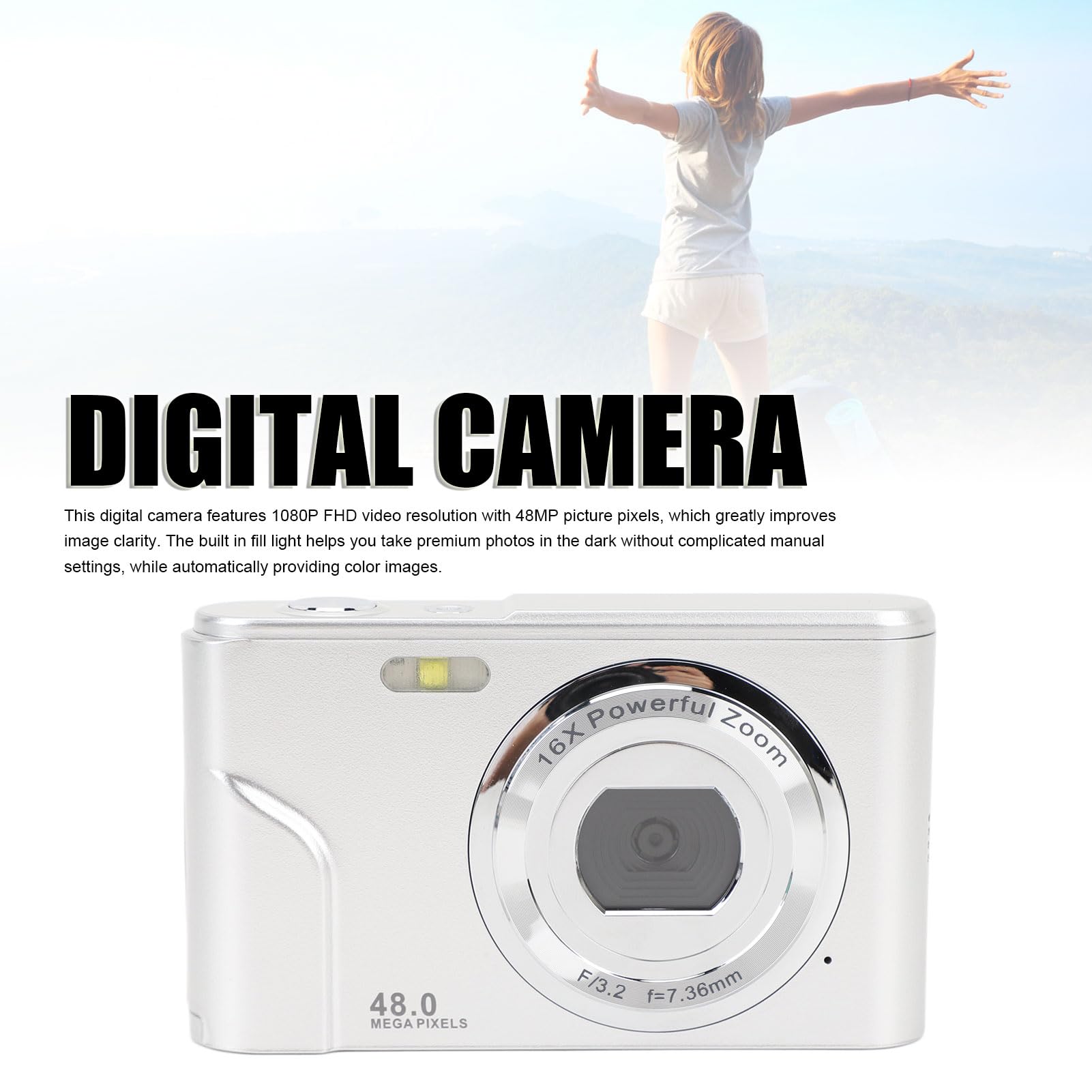 Aparat Cyfrowy 48MP 1080P Kompaktowy Aparat Cyfrowy z 16-krotnym Zoomem dla Początkujących Dorosłych (SILVER)