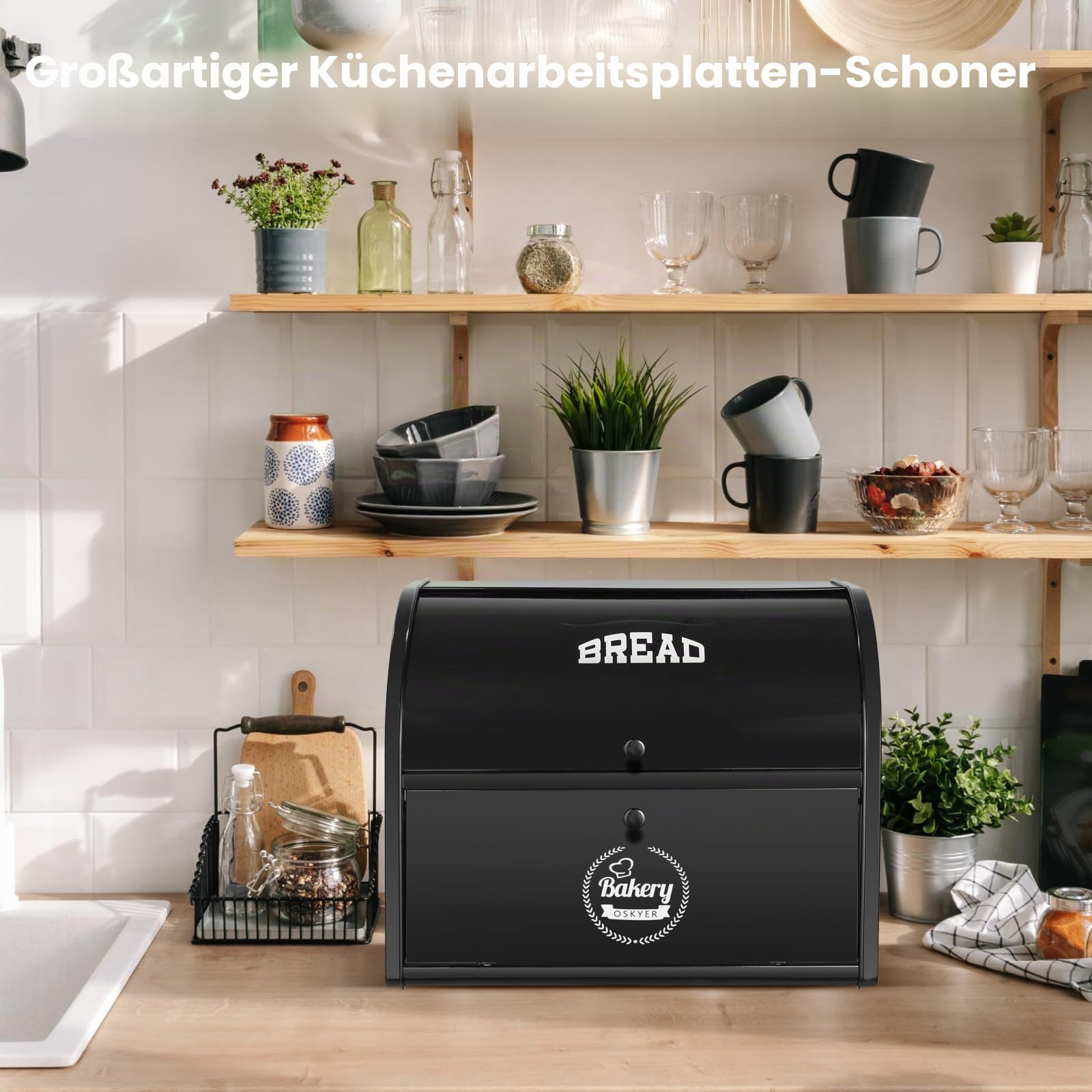 Edelstahl Brotkasten 2 Etagen mit Rolltop Deckel, extragroßer Brotbox Schwarz, Metall Brotbehälter bereits montiert, 40x24x32 cm Küchenaufbewahrung, geeignet für Gebäck und Kekse, Schwarz