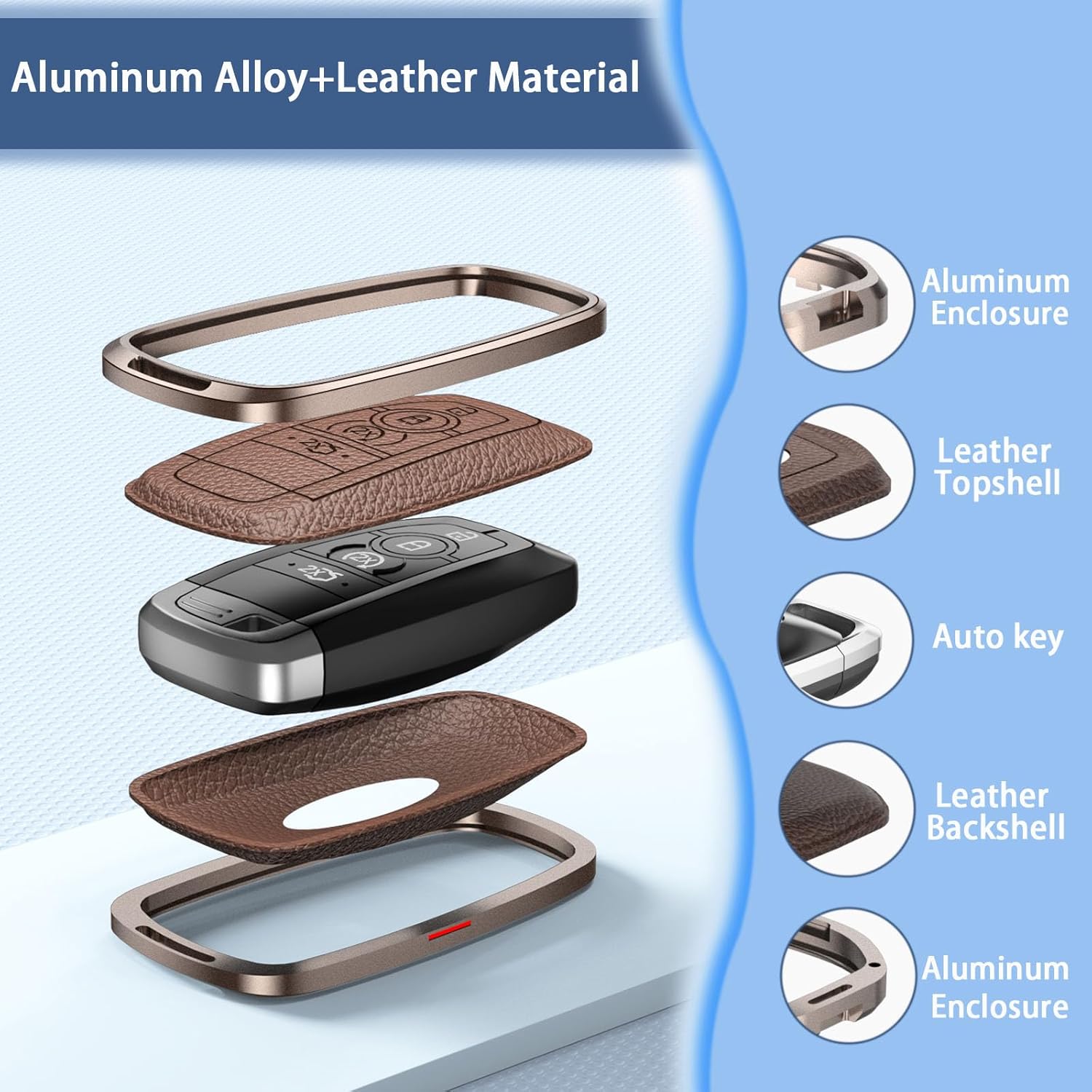 for Ford or Lincoln Key Fob Cover, Aluminum Full Protection Case with Keychain Durable Anti-Scratch Leather Shell Compatible with F-150 F-250 Mustang Explorer Escape Fusion Edge Expedition (A Brown)