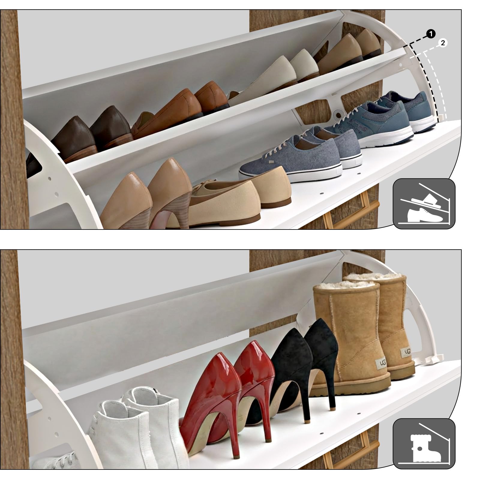 Schuhschrank im Landhausstil, Schuhkipper mit 2 Klappen und Schublade, Schuhaufbewahrung mit Holzplatte und verstellbaren Trennwänden, Flurschrank für 8-12 Paar Schuhe (Eiche)