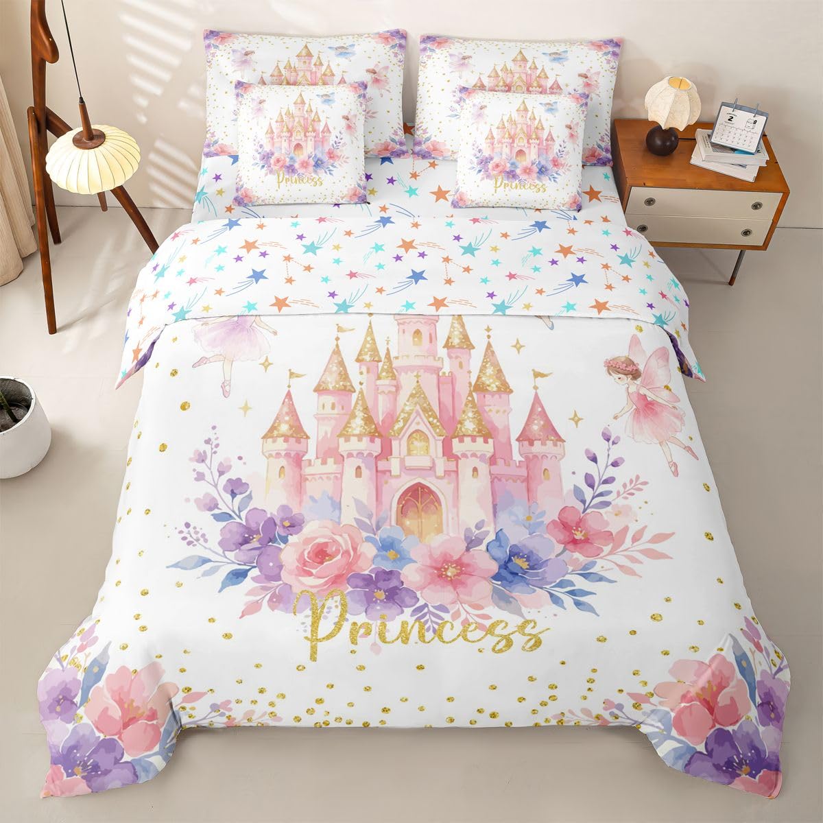 Loussiesd Juego de funda de edredón de 7 piezas para cama de matrimonio con funda de edredón, sábanas, fundas de almohada, fundas de cojín, color blanco, morado y rosa
