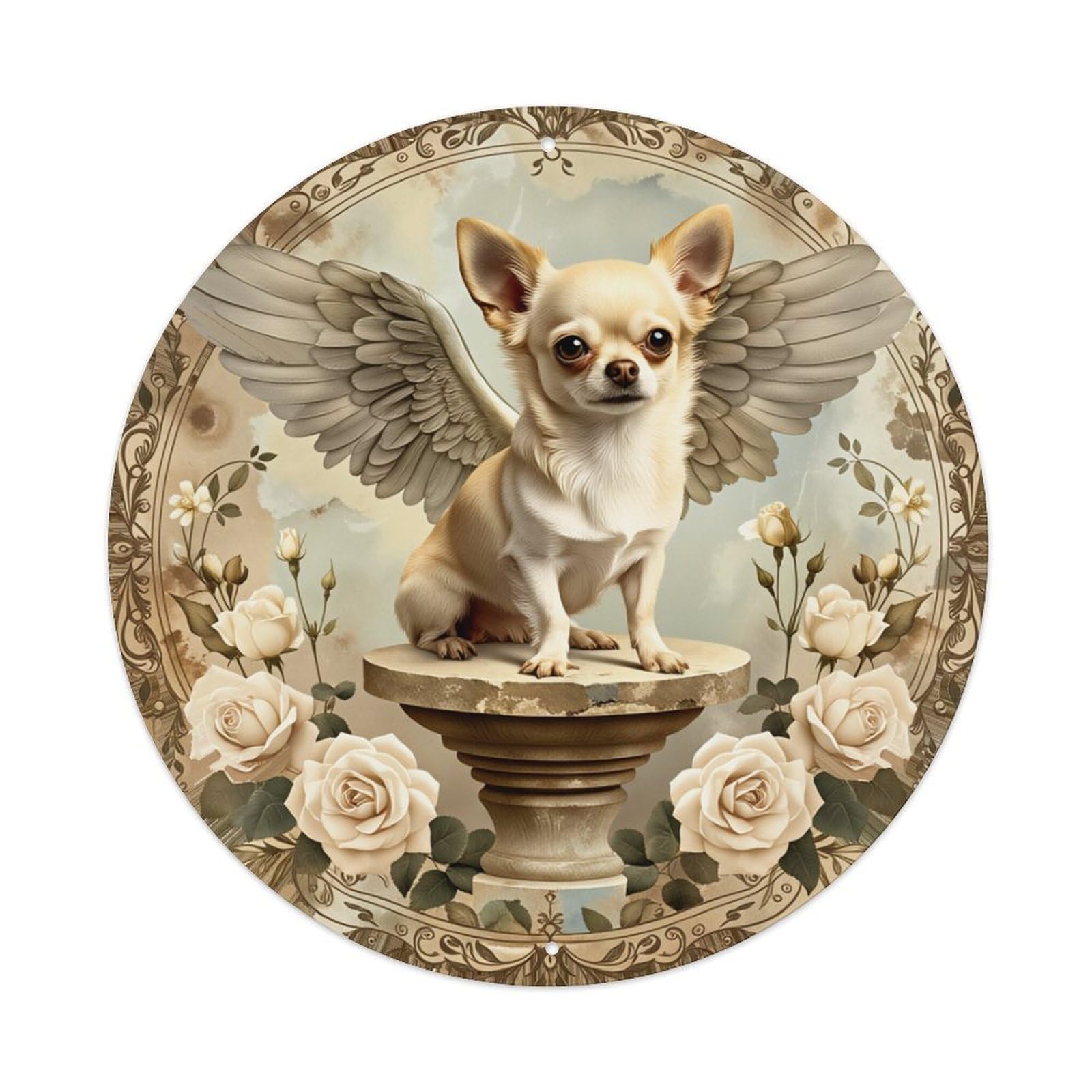 Angel Chihuahua Roses Pedestal Round Tin Sign Retro Metal Sign for Cafe Bar Pub Home Game Room Gym Club Wall Decoration Vintage Metal Poster 8x8 Inch