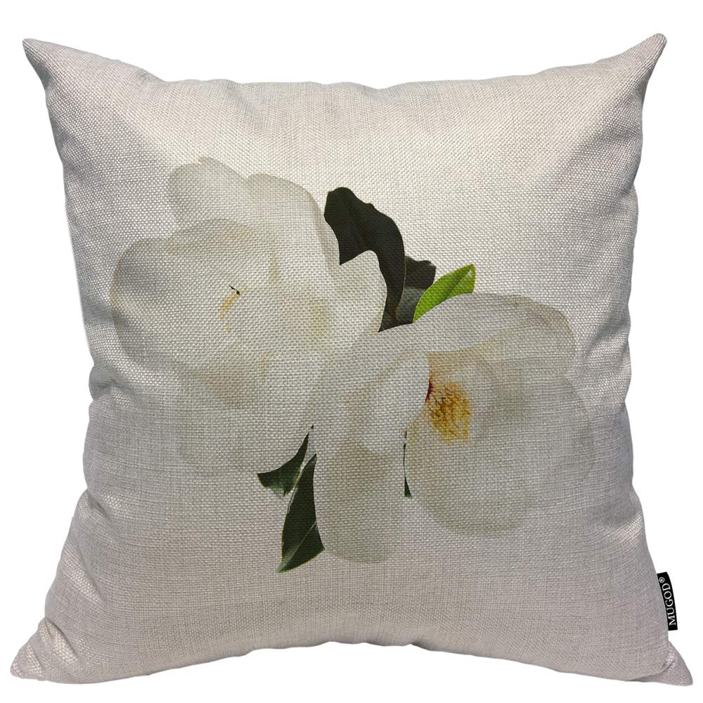 Mugod Magnolia Flower Decorative Pillow Case White Magnolias Floral Green Leaf Chaste Elegant Throw Pillow Cover Home Decor Cotton Linen Square Cushion Cover for Couch Bed Sofa 20X20 Inch