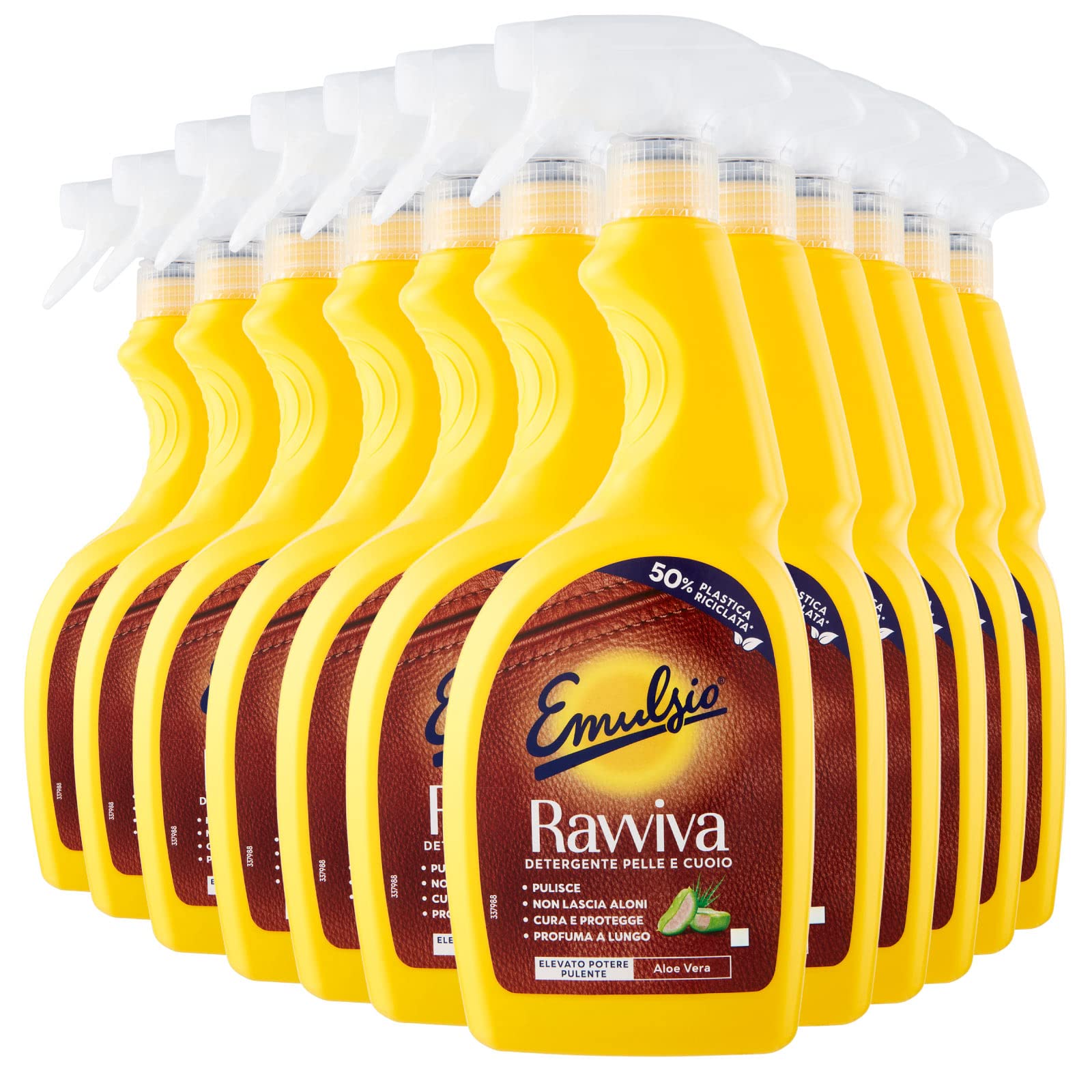Emulsio Ravviva Pelle e Cuoio Detergente Spray per Rivestimenti in Pelle Liscia o Granitata Formula con Aloe Vera Elevato Potere Pulente Azione Protettiva Profumo a Lunga Durata - 12 Flaconi da 600ml