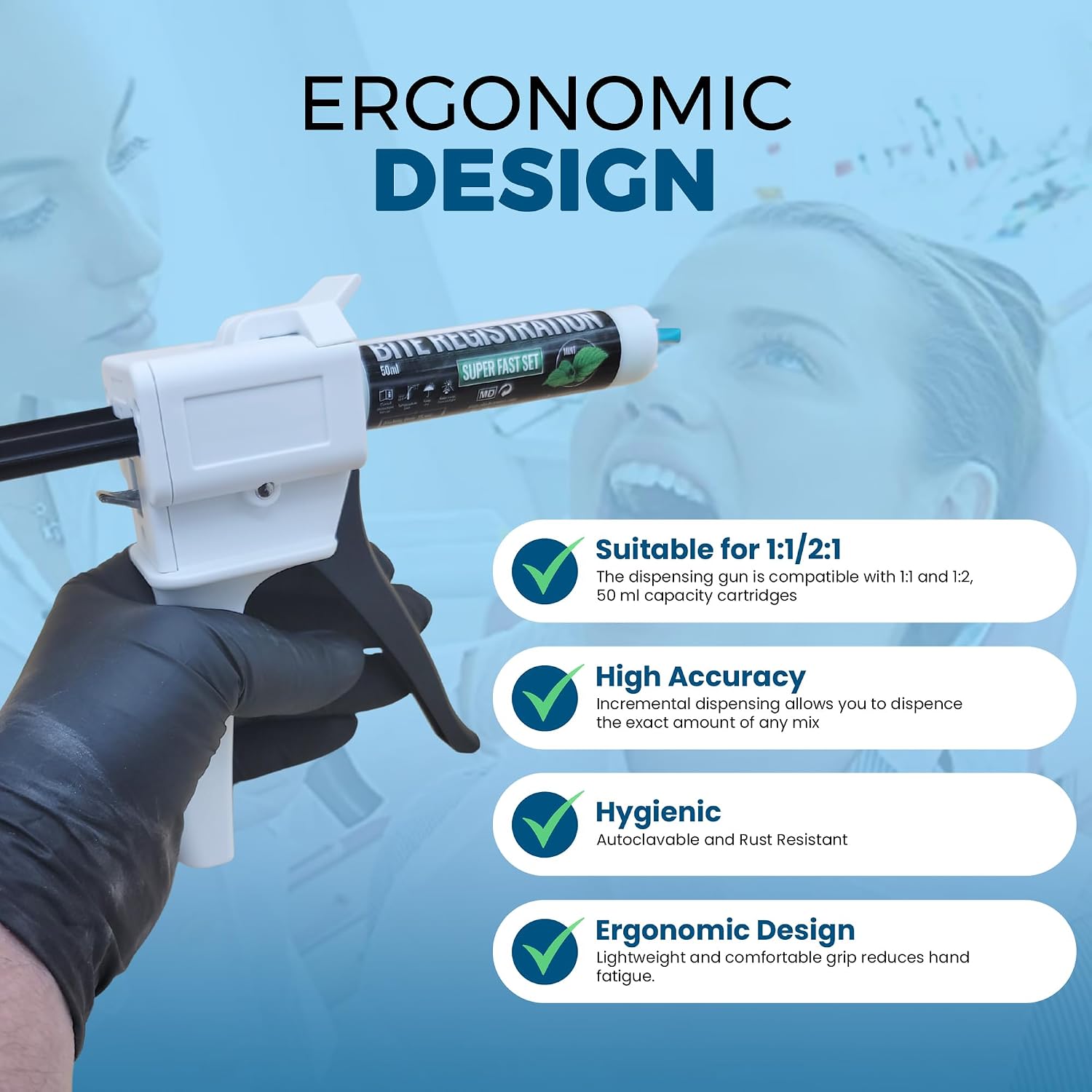 Dental Dispenser Gun 50ml Dispensing Gun Kit Impression Mixing AB Gun 1:1/1:2 P/N 77580