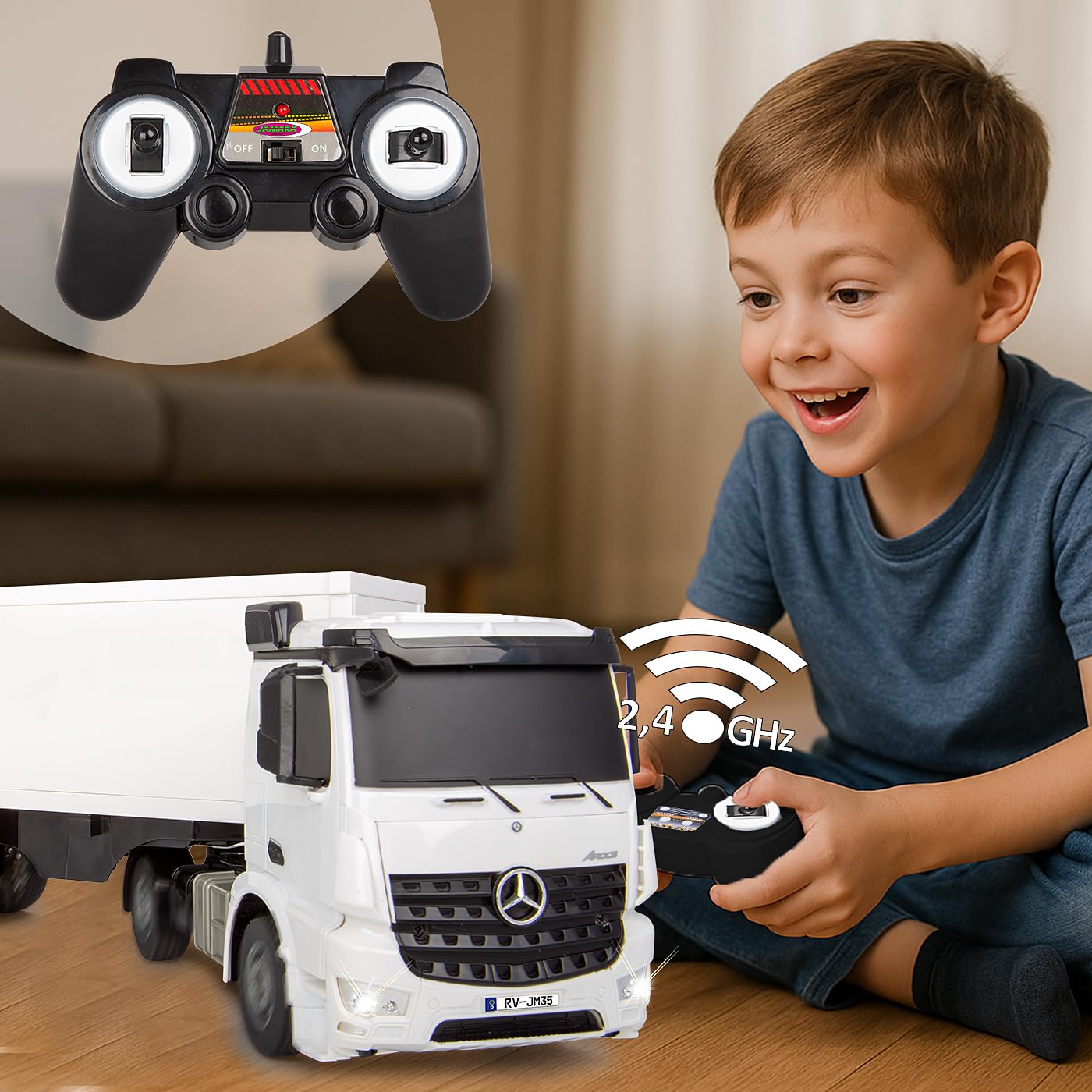 JAMARA 408300 kontener do samochodów ciężarowych Mercedes-Benz Arocs 1:26 2,4 GHz – samochód ciężarowy RC zdalnie sterowany, zabawka dla dzieci, ciężarówki, pojazdy, zdalne sterowanie, prezent dla