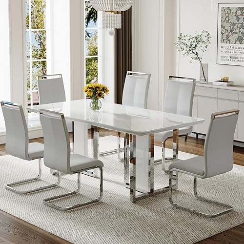 Miniatura 10 de Juego de mesa de comedor MEMUY para 8, 79" Juego de mesa de comedor de mármol falso para 8 con superficie brillante blanca, juego moderno de mesa de