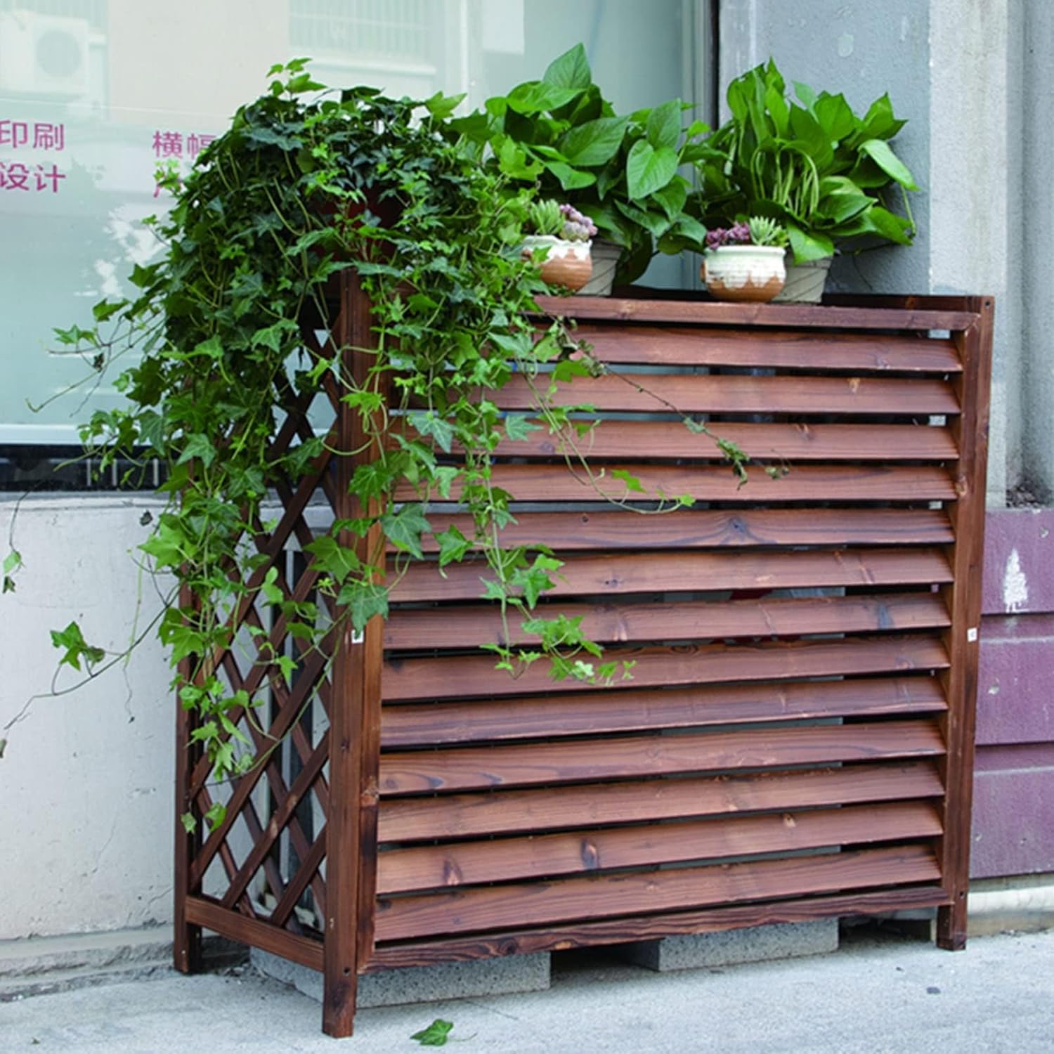 Klimatyzator z litego drewna i ogrodzenie ochronne pompy ciepła (96 x 40 x 89 cm) osłona odporna na warunki atmosferyczne na zewnątrz, stylowy design, dekoracja ogrodowa, niezbędna do ochrony domu
