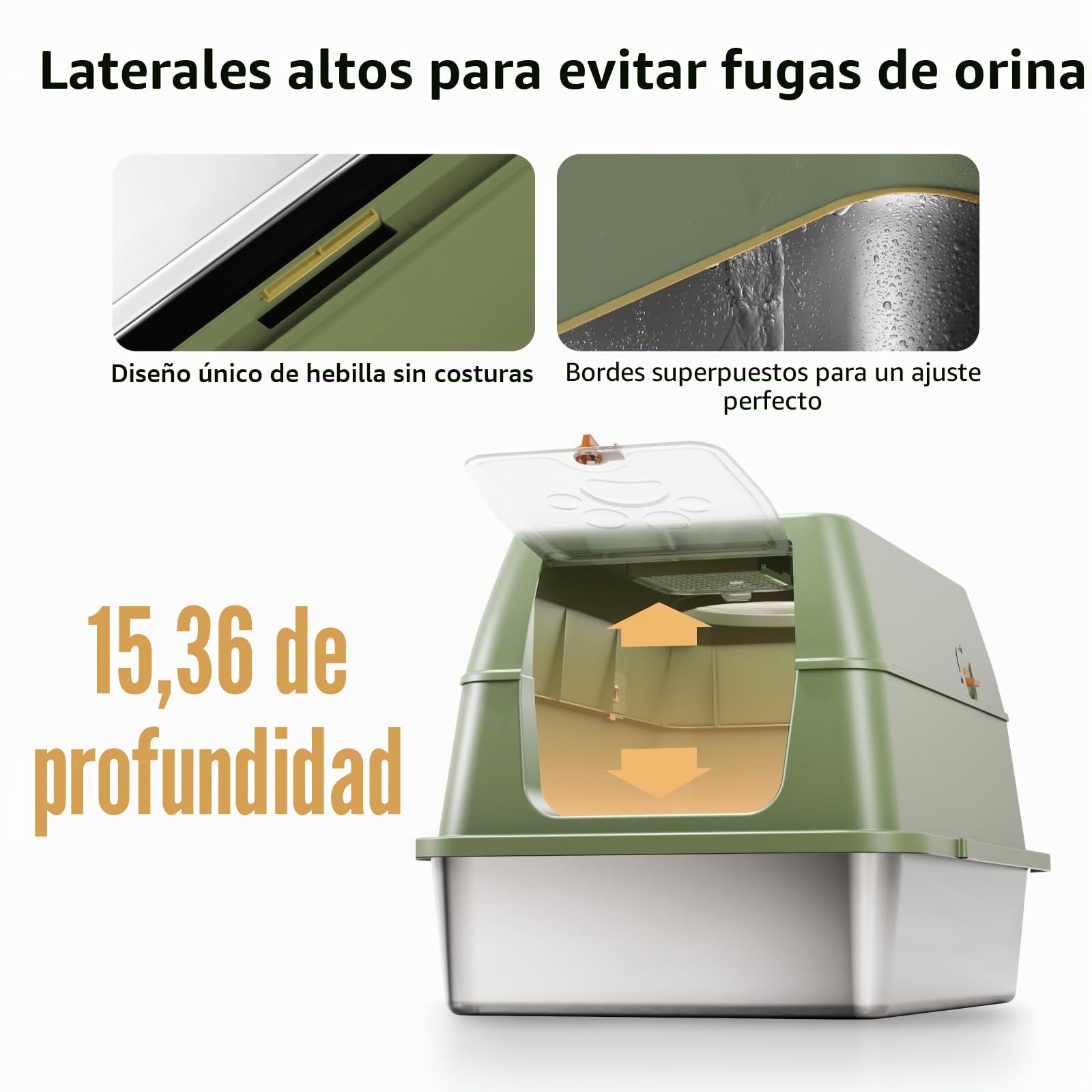 Arenero Acero Inoxidable Gatos, XXL Arenero Cerrado para Gatos, 60 x 40 x 39 cm, Caja de Arena con Pala - Verde