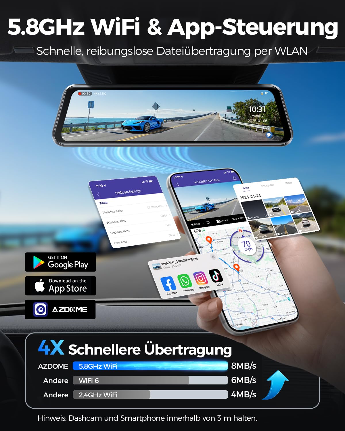 AZDOME Dashcam Auto Vorne Hinten, 4K Spiegel Dashcam 4K+2.5K Rückspiegel Kamera mit 64GB Karte, 5.8GHz WiFi GPS, 12 Zoll IPS Touchscreen, Super Nachtsicht, WDR, Sprachsteuerung, PG17 MAX