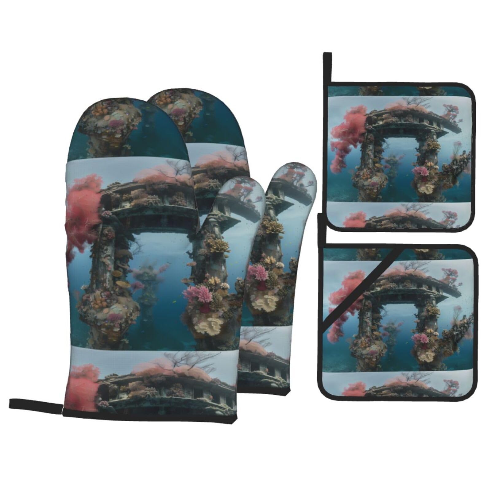 YYHWHJDE Undersea Architecture Printed Kitchen Baking Set of 4 Thick Insulated Oven Mitt & Pot Holders, Anti-Scalding for Microwave, Oven, Outdoor BBQ