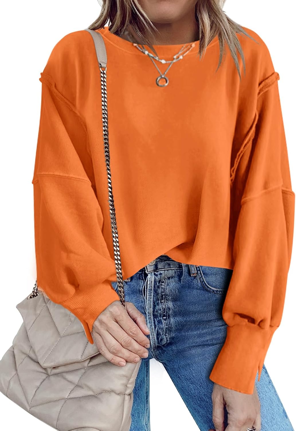 Nirovien Womens Oversized Crewneck Sweatshirt Side Slit Long Sleeve Pullover Slouchy Fit Tops - Image 2