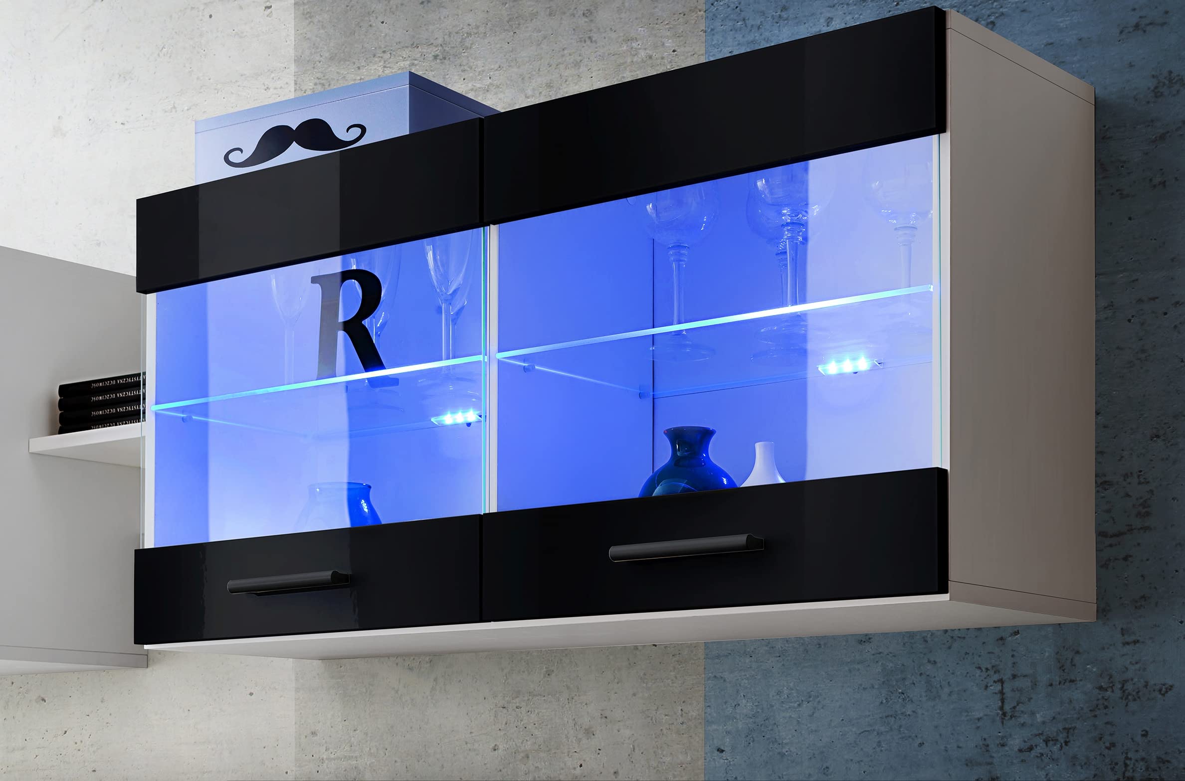 Komodee, Vetrina Savona - Armadio in vetro, Bianco/Nero, larghezza 100 cm x altezza 50 cm x profondità 30 cm, LED Blu, 2 ripiani in vetro, 2 ante per soggiorno, cucina