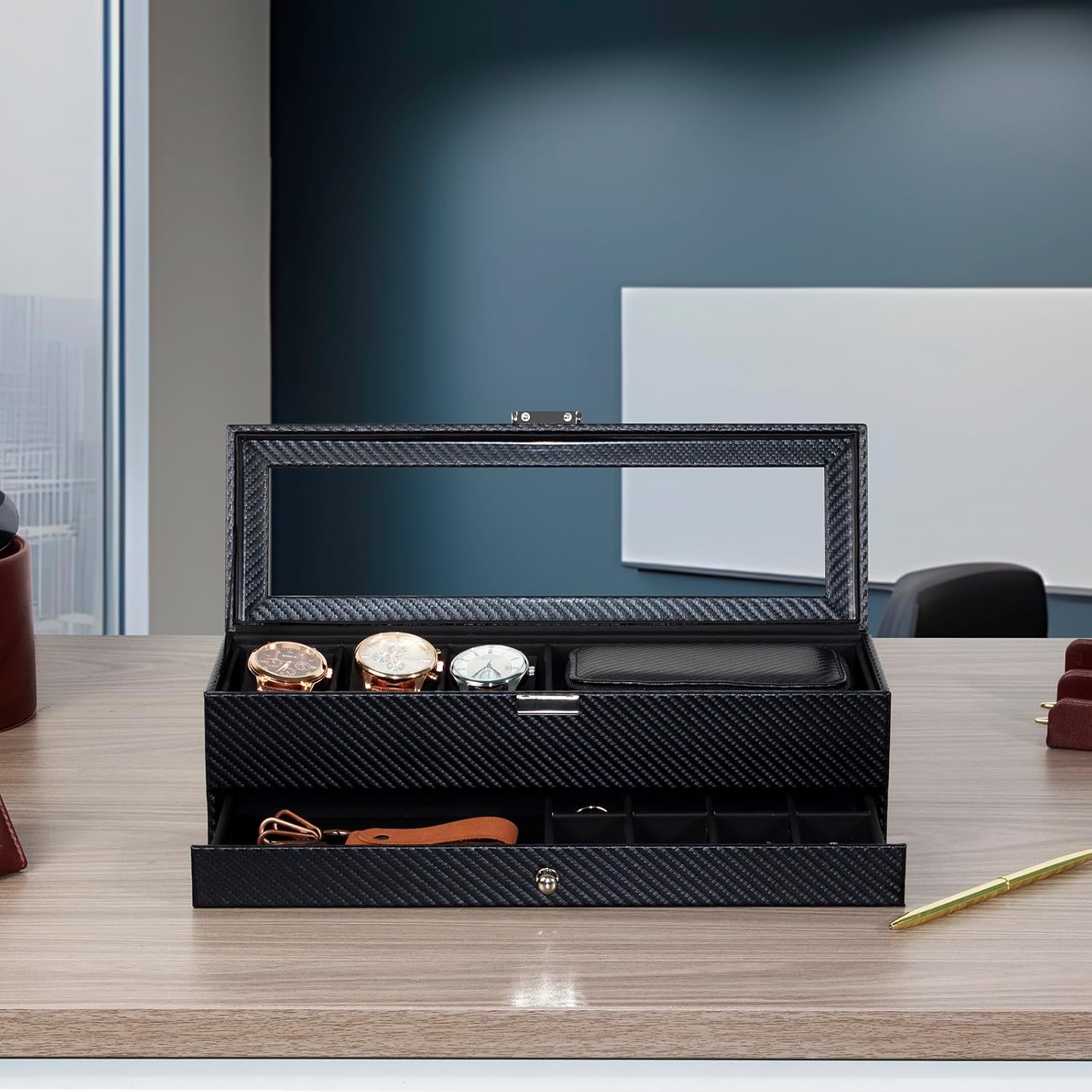 Watch Box and Watch Storage Bag Set,3 Compartment Watch Display Box with Drawers and a Portable Watch Case, Men's Watch Box with Glass Lid, 2 Tier Jewelry and Watch Organizer