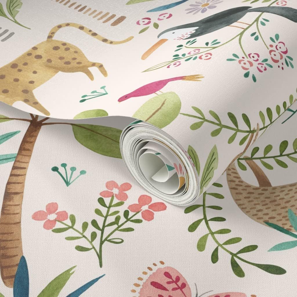 Peel & Stick Wallpaper 3ft x 2ft - Safari Party Light Jungle Watercolor Custom Removable Wallpaper by Spoonflower