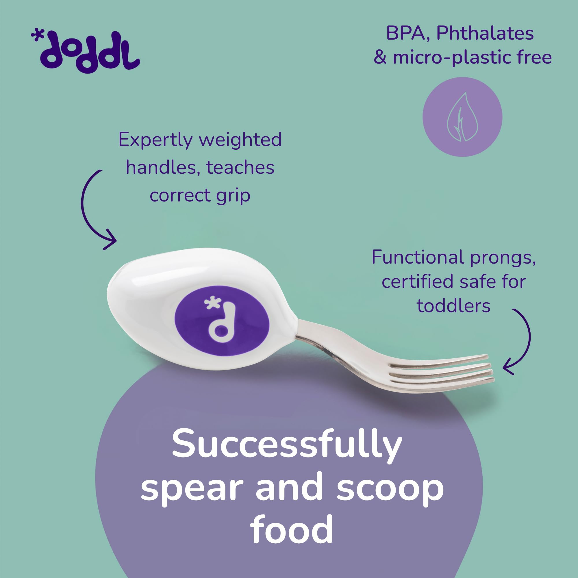 doddl Toddler Utensils, Ergonomic Fork Spoon and Knife Set for Self Feeding, Stainless Steel Silverware for 1-3 Year Olds, BPA Free, Dishwasher Safe (Indigo) — Amazon image 4