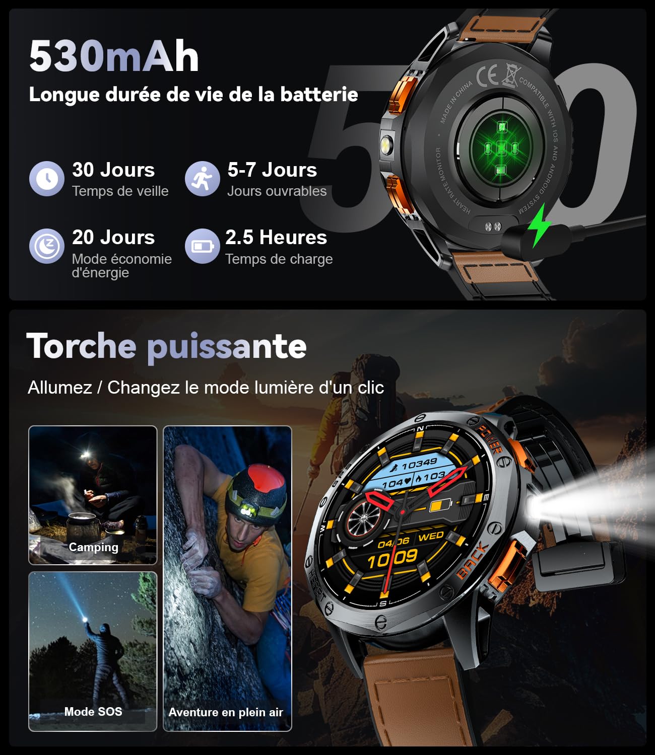 DREMAC Montre Connectée Homme 48mm,GPS Intégré,Lampe de Poche,Montre de Fitness avec 70+ Modes Sportifs,24/7 Surveillance de la Santé,30 Jours Batterie,IP68 Étanche pour iOS Android