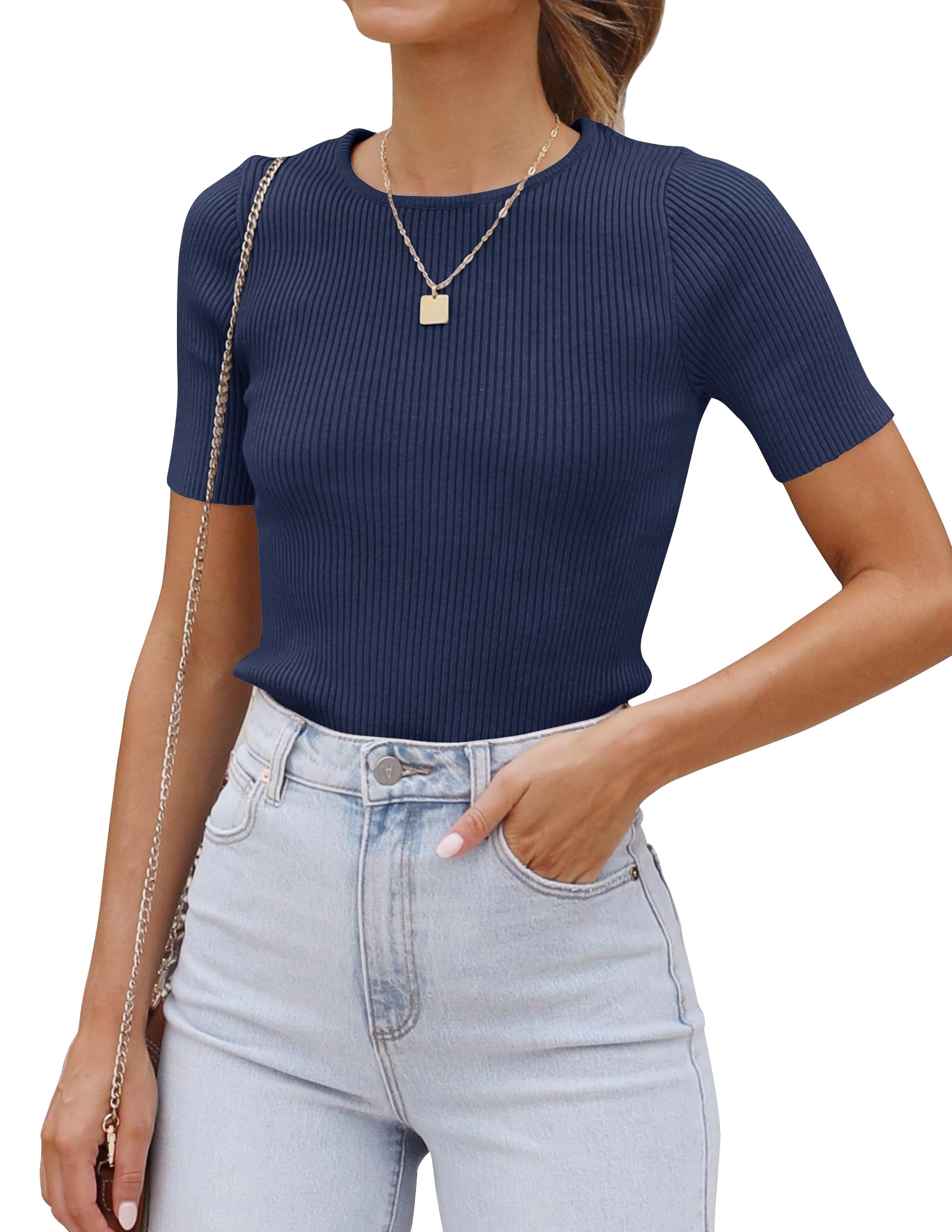 ZESICAWomen's Short Sleeve Sweater Tops 2025 Summer Crewneck T Shirt Ribbed Knit Slim Fit Basic Solid Color Tee