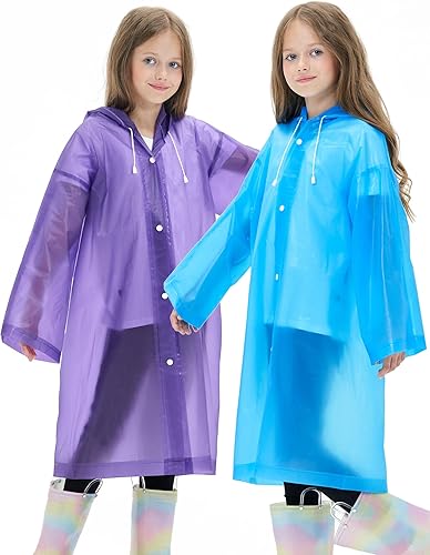 Miniatura 6 de Paquete de 2 impermeables impermeables para niños, reutilizables, ponchos de lluvia EVA, chaqueta de lluvia de emergencia para niños, niños y niñas