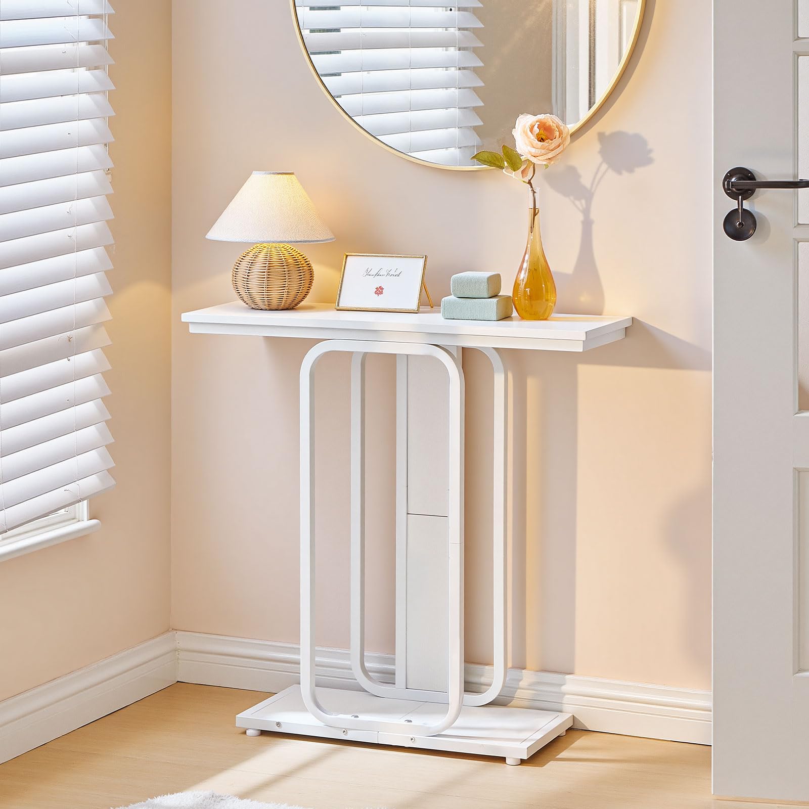 HOOBRO Table d’Entrée de Style Industriel avec Rangement, Présentoir à Structure Géométrique à 2 Niveaux, pour Entrée, Hall, Salon, Chambre, Salle à Manger, Couloir, Blanc EWW68XG01