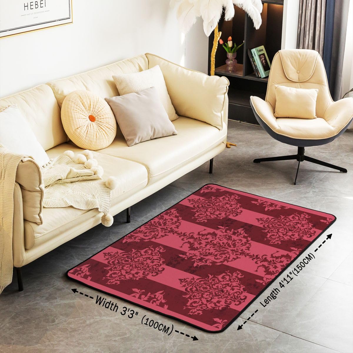 Loussiesd Tapis Salon 100x150cm Gothique Damask Tapis Chambre Exterieur Intérieur Rouge Striped Vintage Floral Modèle Antidérapant,Doux Victorian Baroque pour Salon et Chambre Jacquard Lavable