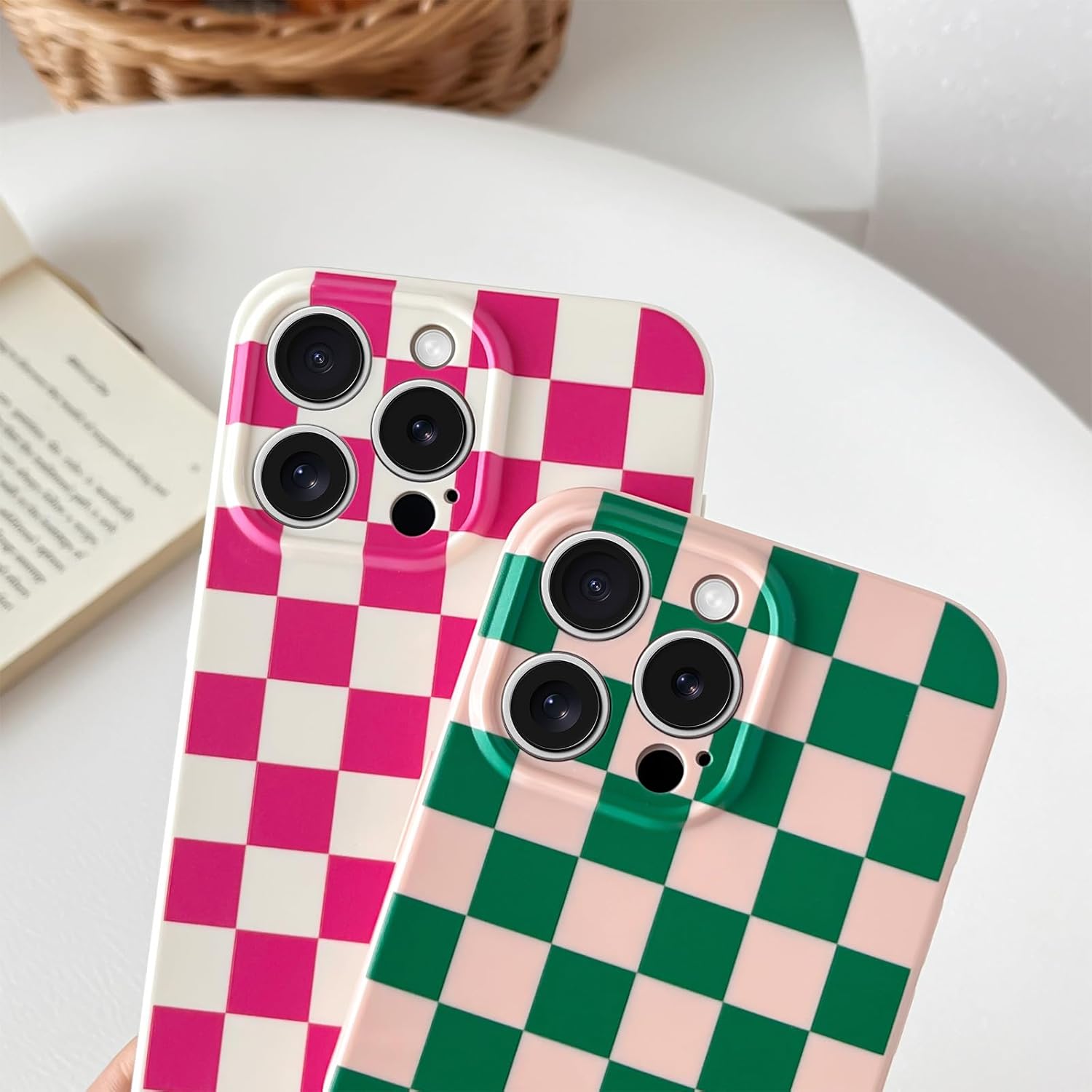 Skyseaco Compatible with iPhone 16 Pro Max Case Cute Checkerboard Checkered Pattern Design Soft Slim TPU Phone Case Shockproof Full Camera Protection for Women Girls - Pink&Green - Image 5