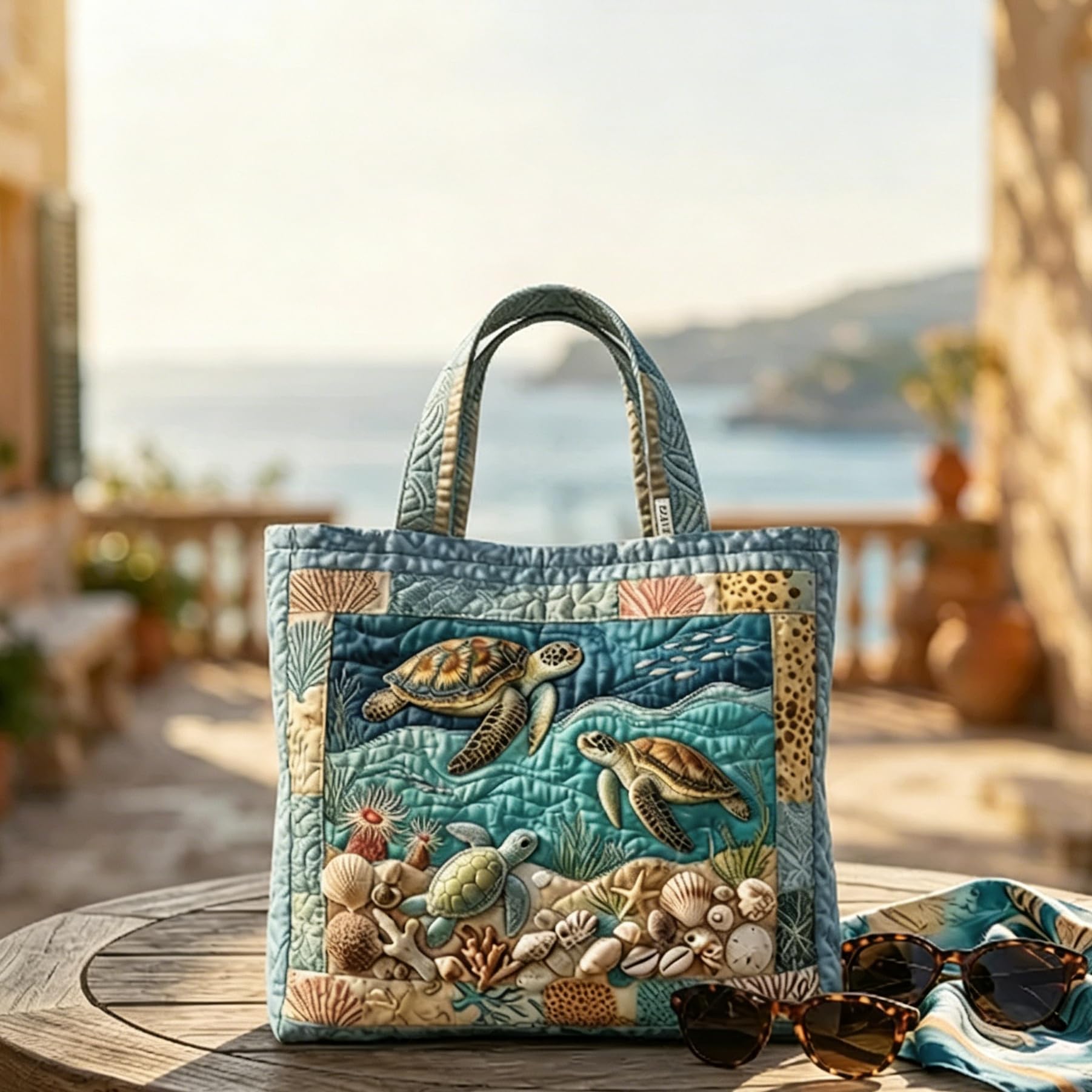 Sac fourre-tout matelassé tendance léger femme motifs marins, artisanal spacieux réutilisable. Pratique voyage courses quotidien, joli cadeau pour maman