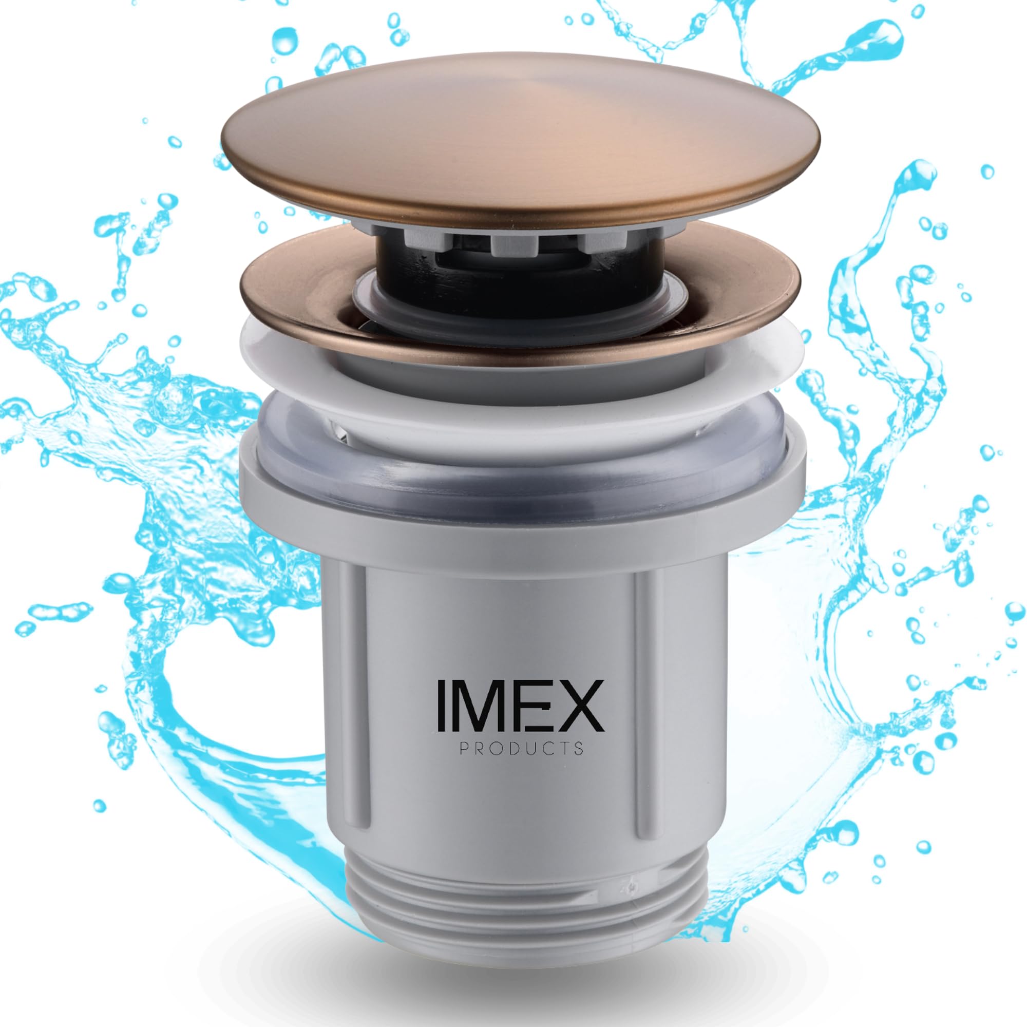 IMEX - Valve Clic-Clac Lavabo Universel Or Rose Brossé PVC | Bonde Pop-Up pour Lavabo et Bidet avec Orifice de Vidange | Installation Facile et Résistant à L'Humidité et à la Corrosion