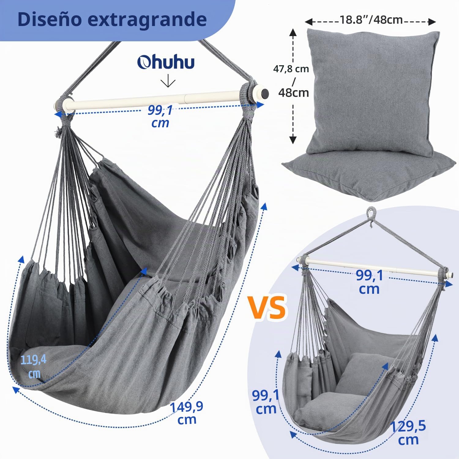 Ohuhu Silla Colgante Silla de Hamaca con 2 Cojines y Kit de instalación, Tejido de algodón para Mayor Comodidad, Durabilidad para Interiores y Exteriores, Dormitorio, Patio, Gris