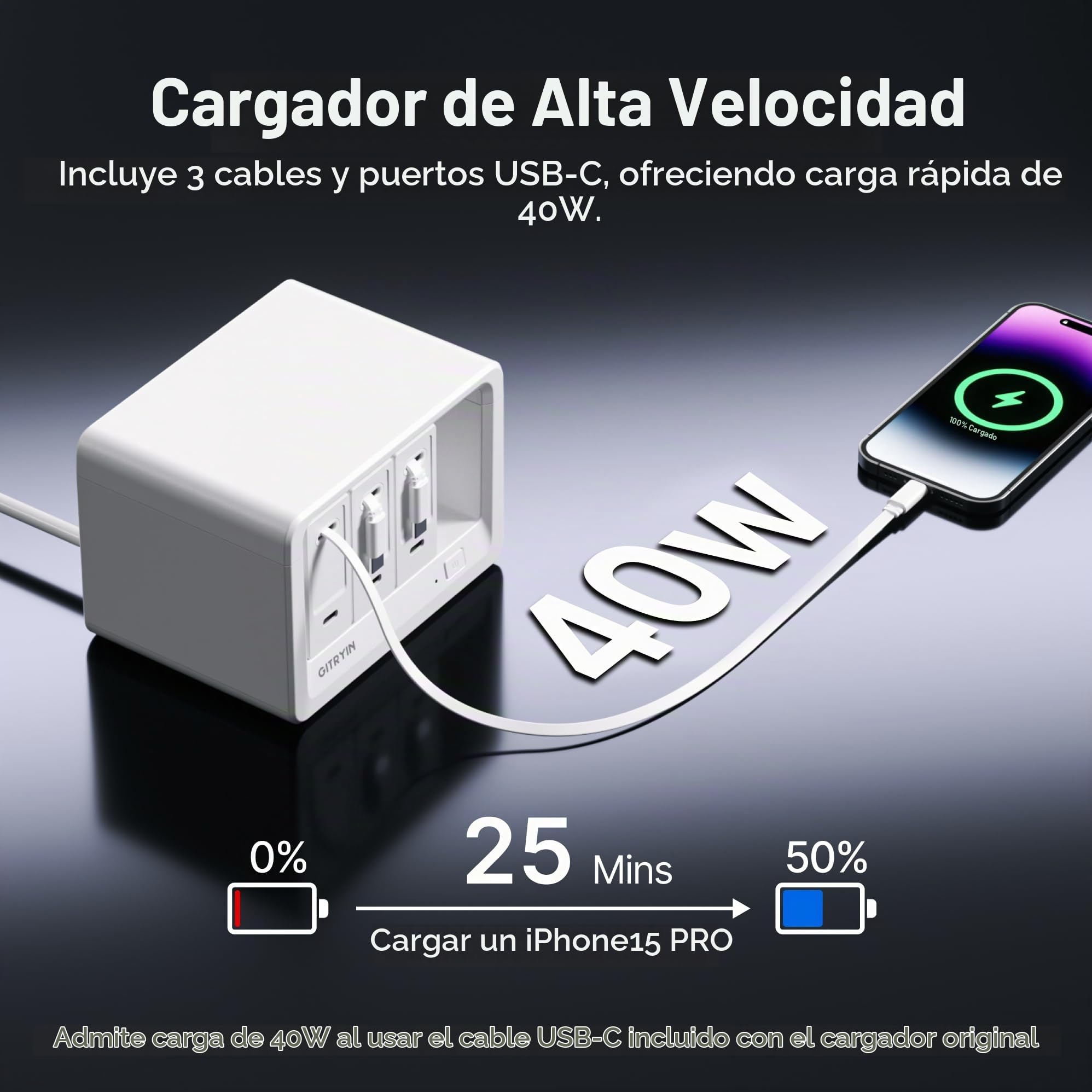 Gitryin Estación de carga de computadora 11 en 1 con 3 cargadores de pared retráctiles, tira de alimentación USB-C de 40 W con 5 CA, 3 USB C, 3 cables tipo C de 31.5 pulgadas, cable de extensión con