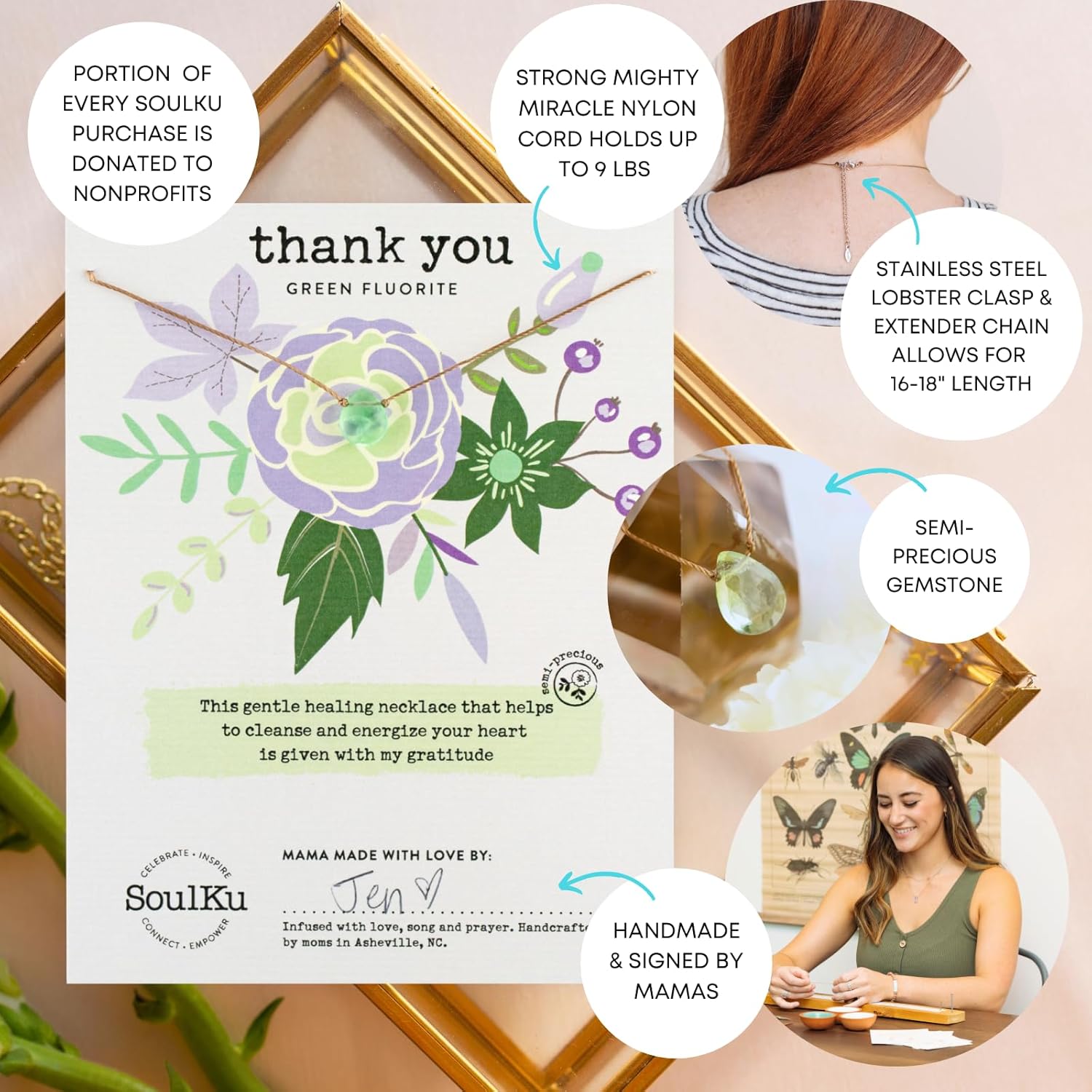 SoulKu Handcrafted Necklace, Empowerment Jewelry With Healing Crystal, Inspirational Jewelry For Women, Mom & Sister Gifts, 2" Extender With Lobster Clasp, 16" Nylon Cord - Image 4